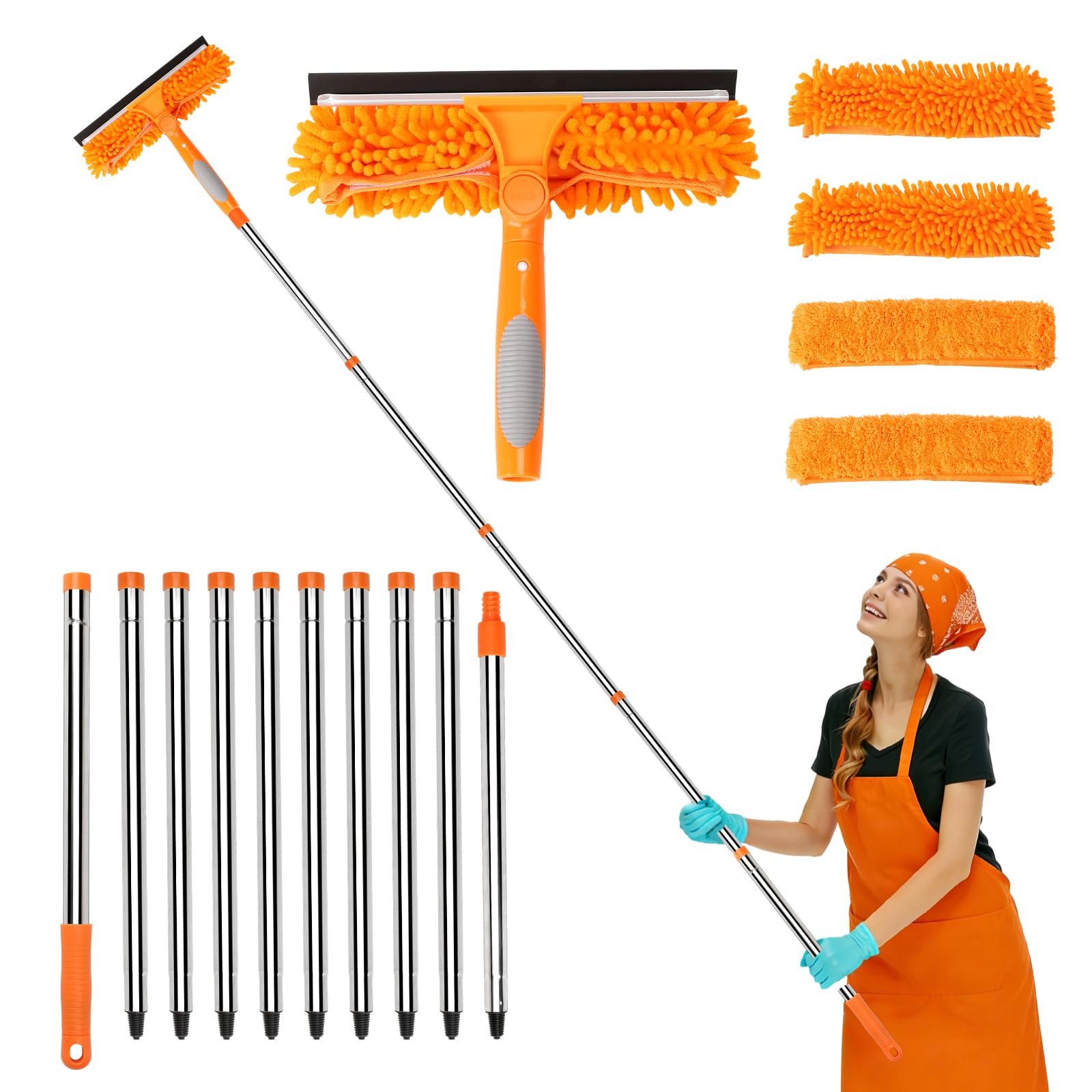 COEWUR Telescopic Window Cleaner with 4.5m/14.76ft Long Window Cleaning Pole, Extendable Unshaped Metal Pole, 2-in-1 Squeegee & Microfiber Cloth for Indoor/Outdoor High Windows, Wall and Car