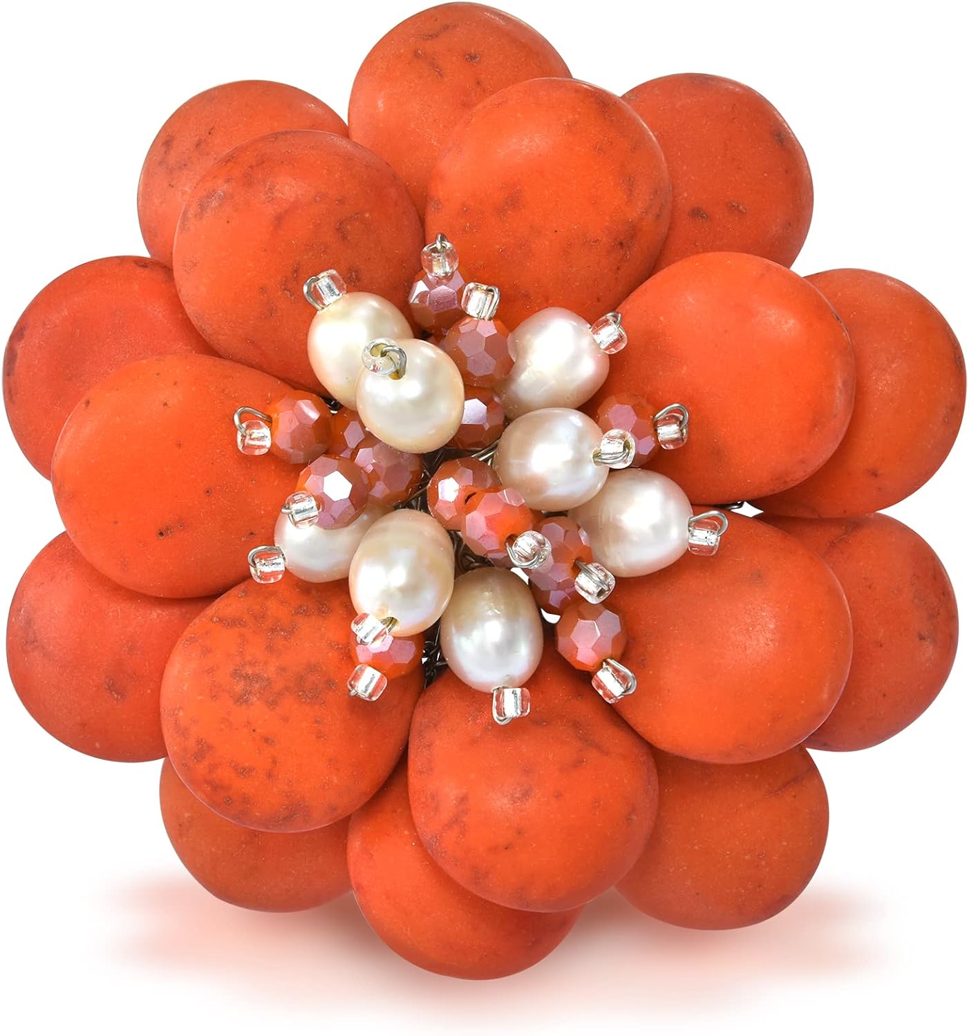 AeraVida Double Sunflower Dyed Orange Howlite and Cultured Freshwater White Pearl Floral Pin or Brooch | Elegant Floral-Inspired Jewelry for Women