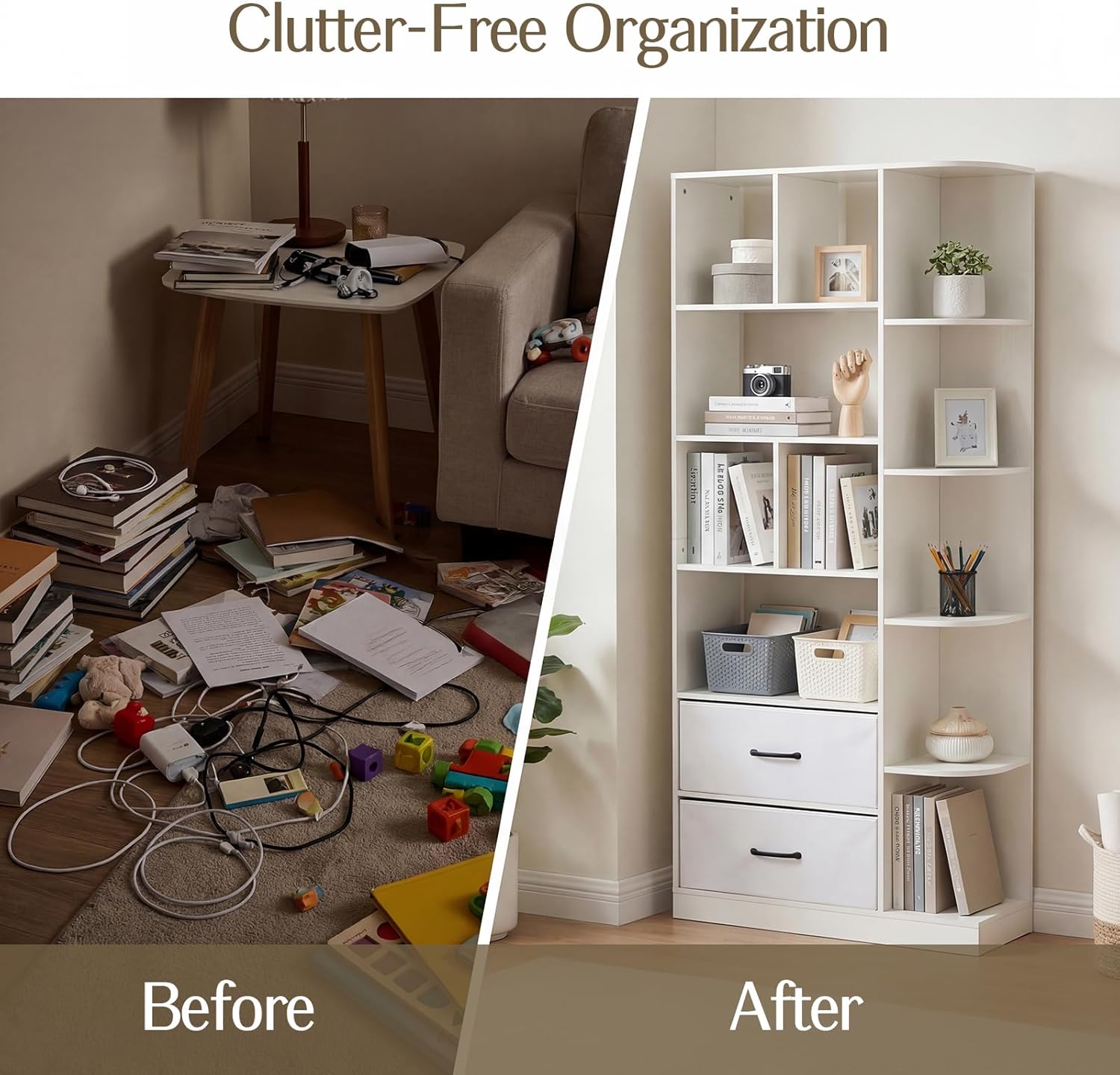 NORTHSKY Corner Bookshelf with 2 X Fabric Drawers, 5-Tier Tall Corner Cabinet, Modern Wood Storage Organizer with Open Shelves for Living Room Bedroom Home Office, White