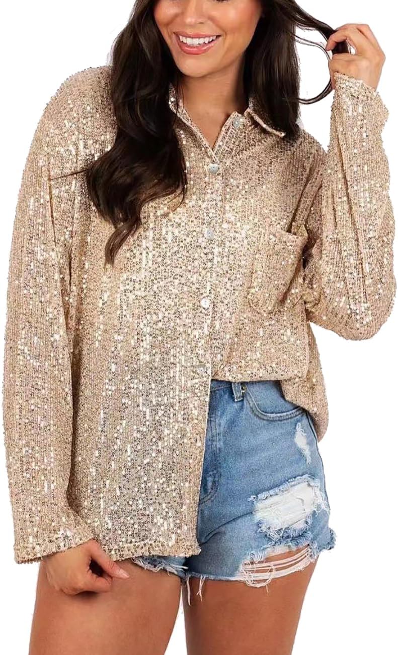 Sequin Button Down Shirt Open Front Long Sleeve Glitter Sequin Top Sparkle Top Blouse with Pocket