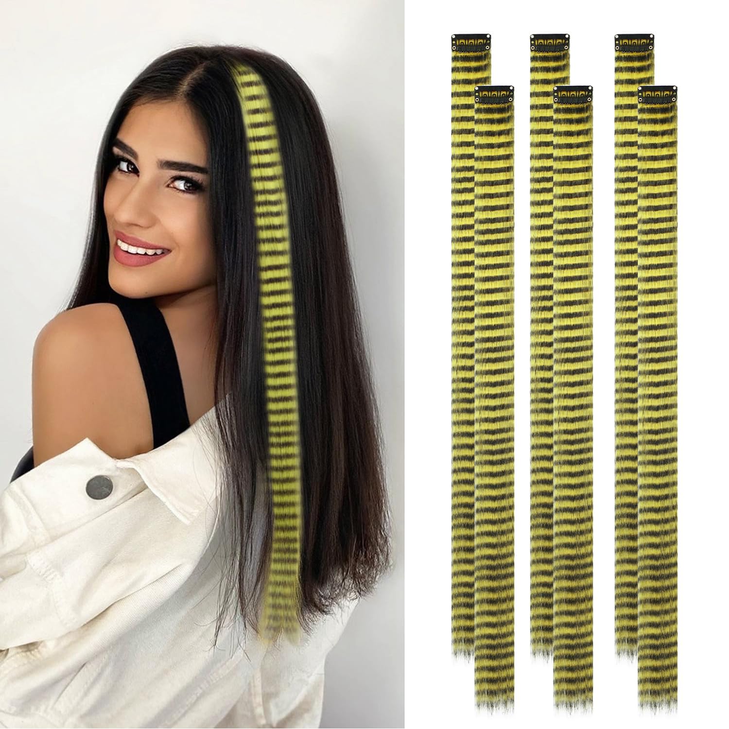6 Pcs Yellow Striped Hair Extensions Clip in Hairpiece 20 inch Synthetic Feather Scene Hair Extensions Long Straight Colorful Striped Hairpieces for Girl Women Cosplay Christmas Party Halloween Use