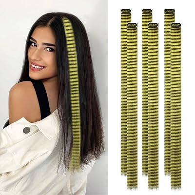 6 Pcs Yellow Striped Hair Extensions Clip in Hairpiece 20 inch Synthetic Feather Scene Hair Extensions Long Straight Colorful Striped Hairpieces for Girl Women Cosplay Christmas Party Halloween Use