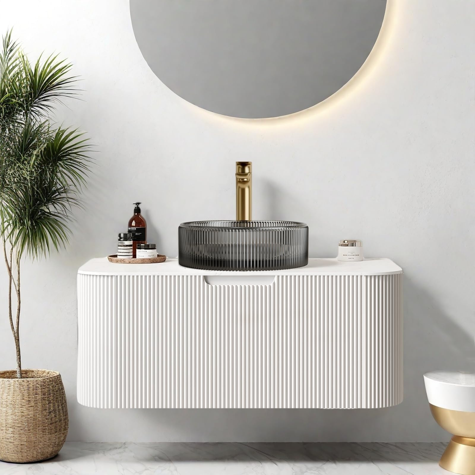 36 inch Floating Bathroom Vanity with Sink, Modern Bathroom Cabinet with Round Transparent Black Glass Basin and Marble Top, Large Storage Drawer, Soft-Close Design, Pre-Assembled, White