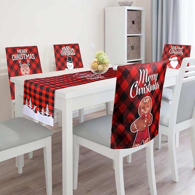 Augot 4Pcs Christmas Chair Covers with Table Runner 180*33cm, Xmas Dining Chair Covers Slipcovers 50*60cm Chair Back Covers Dining Decoration