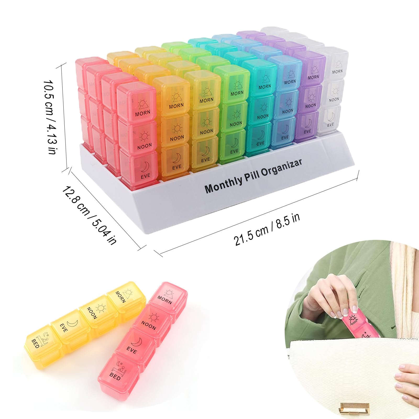 Pilulier Mensuel Matin Midi Soir, Boite de Rangement Medicament, Pilulier D'Un Mois Avec Pilulier Quotidien Amovible de 31 Jours Et Plateau D'Organisation (multicolore, four times a day)