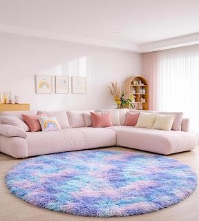 Teppich Rund 100 cm Blau-violett Waschbar Rutschfester Runder Hochflorteppich Wohnzimmer Kinderzimmer Schlafzimmer Flauschig