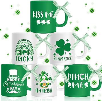 Layhit 6 Pcs St Patricks Day Mug Set 13 oz Shamrock Mini Coffee Mug with Ribbon Green Heart for Irish Gifts Wedding Table DecorSt Patricks Day