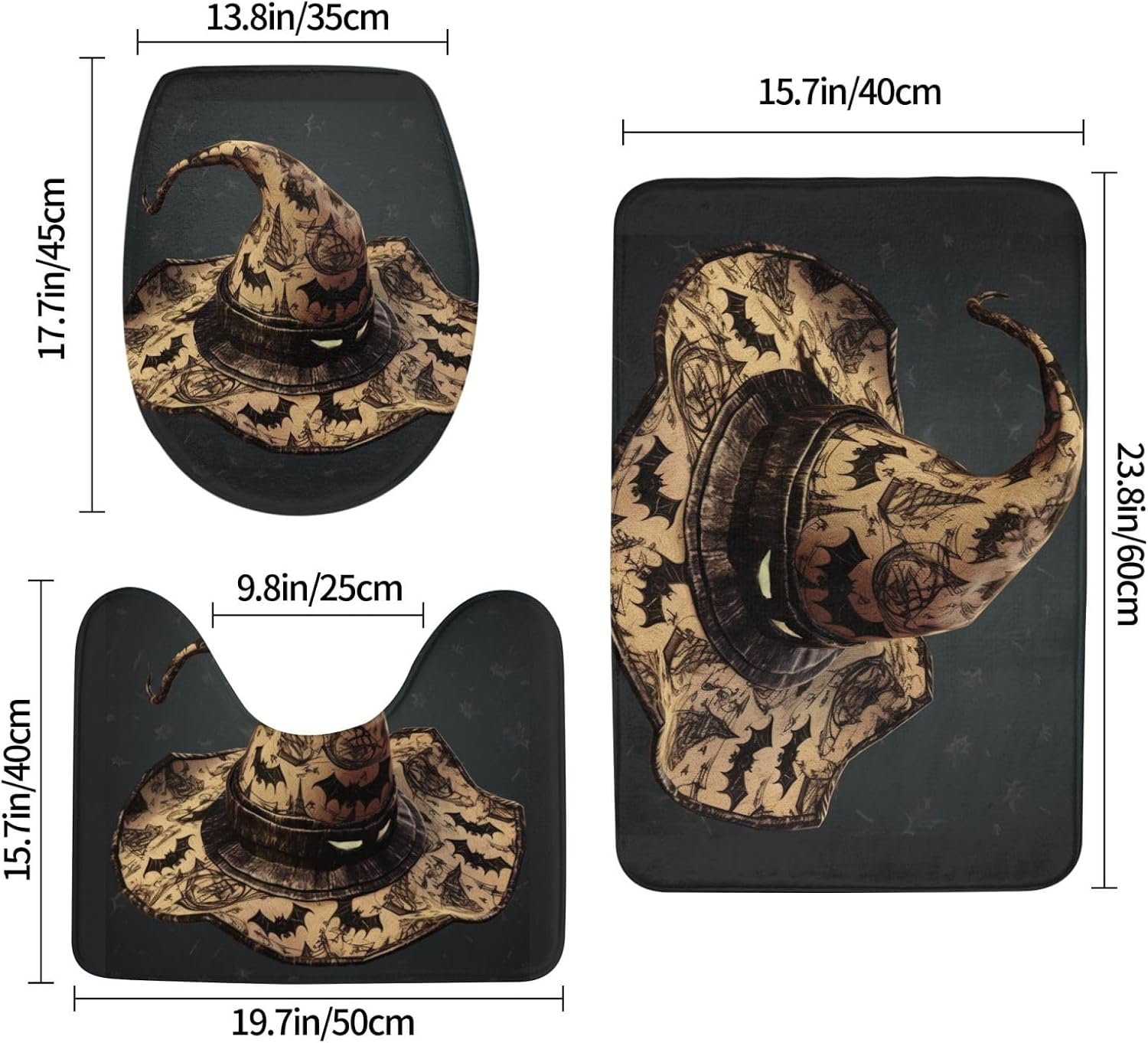 Witch Hat Print Bathroom Rug 3 Pieces Bathroom Rugs Bath Set Ultra Soft Carpet Mats Absorbent with U-Shaped Toilet for Toilet Bath Mat Set