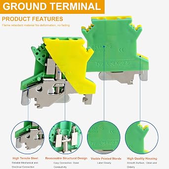 Erayco USLKG2.5 Ground Circuit Connection Terminal Block, Screw Clamp, 600V 20A 24-12AWG, DIN Rail Mounted, Pack of 50 (Green & Yellow)