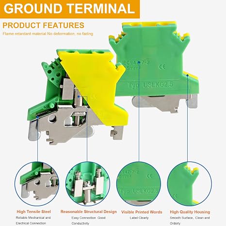 Erayco USLKG2.5 Ground Circuit Connection Terminal Block, Screw Clamp, 600V 20A 24-12AWG, DIN Rail Mounted, Pack of 50 (Green & Yellow)