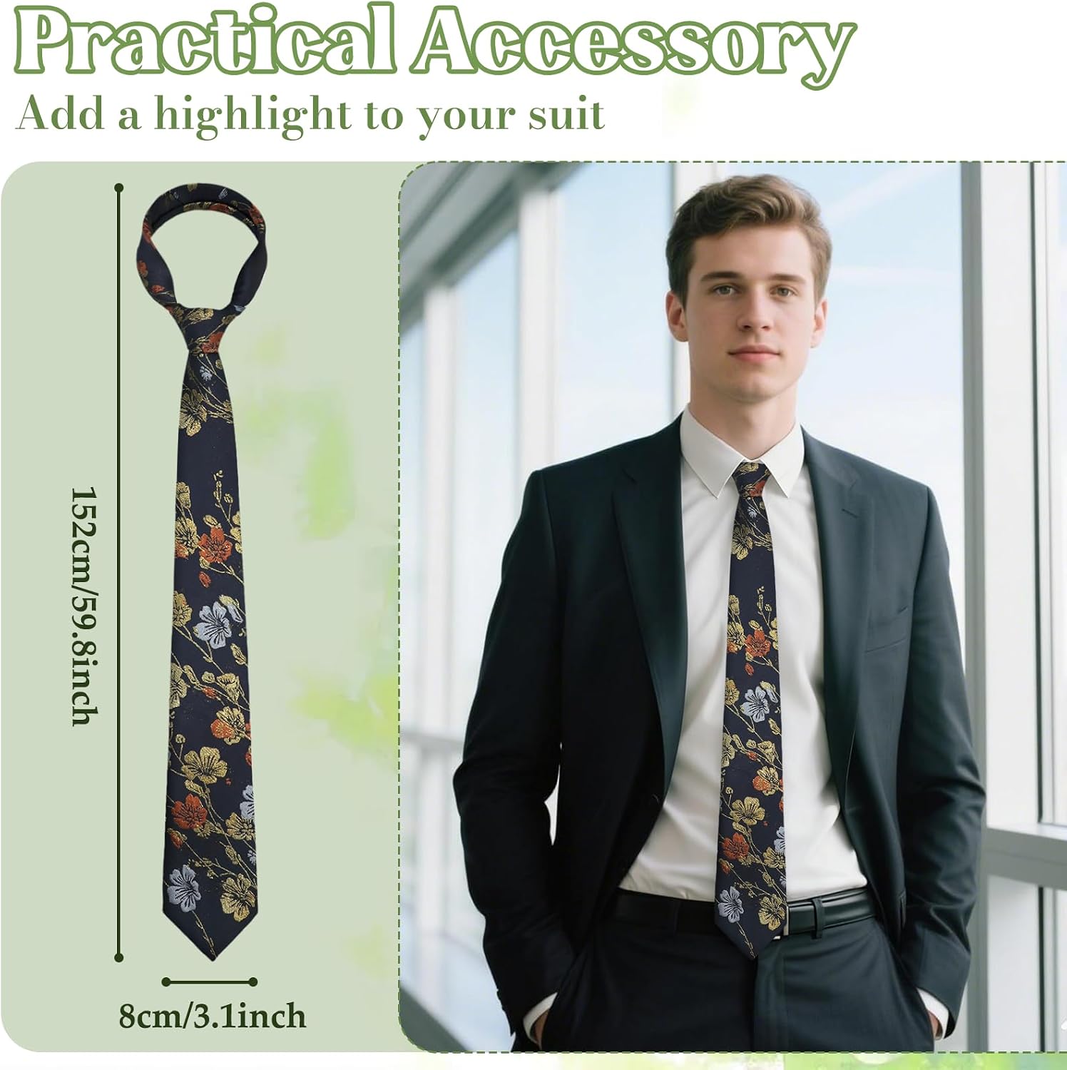 Floral Ties for Men, 3.15'' Flower self Mens Tie Satin Skinny Mens Necktie for Prom Wedding Date Party Work Casual