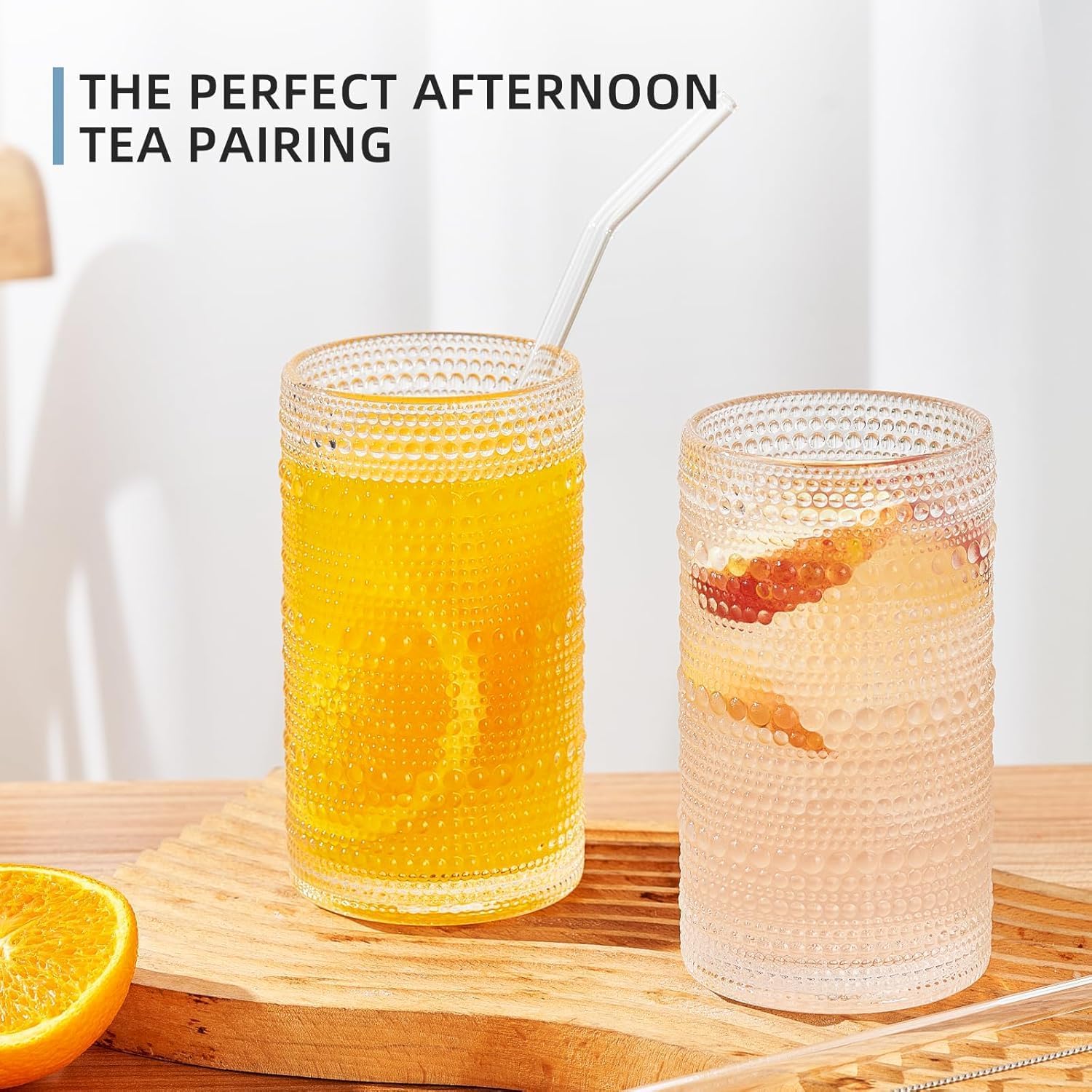 16oz Hobnail Drinking Glasses Set of 6, Vintage Large Capacity Embossed Clear Tumblers, Highball Glasses for Water, Cocktail, Beer, Whiskey, Juice & Bar Use - Image 3