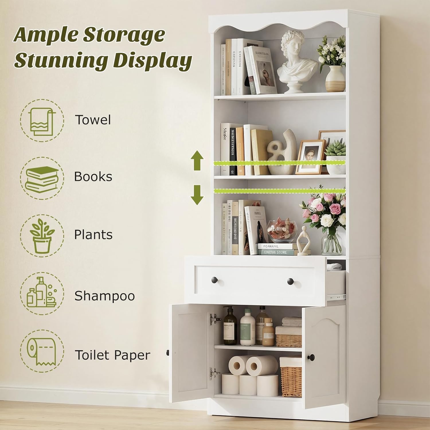 Cyclysio 80" Tall Bookcase with Doors and Drawers, Set of 4 Bookshelves and Bookcases, Arched Glass Display Cabinet and Open Storage Organizer, Farmhouse Library Furniture for Living, Office, White