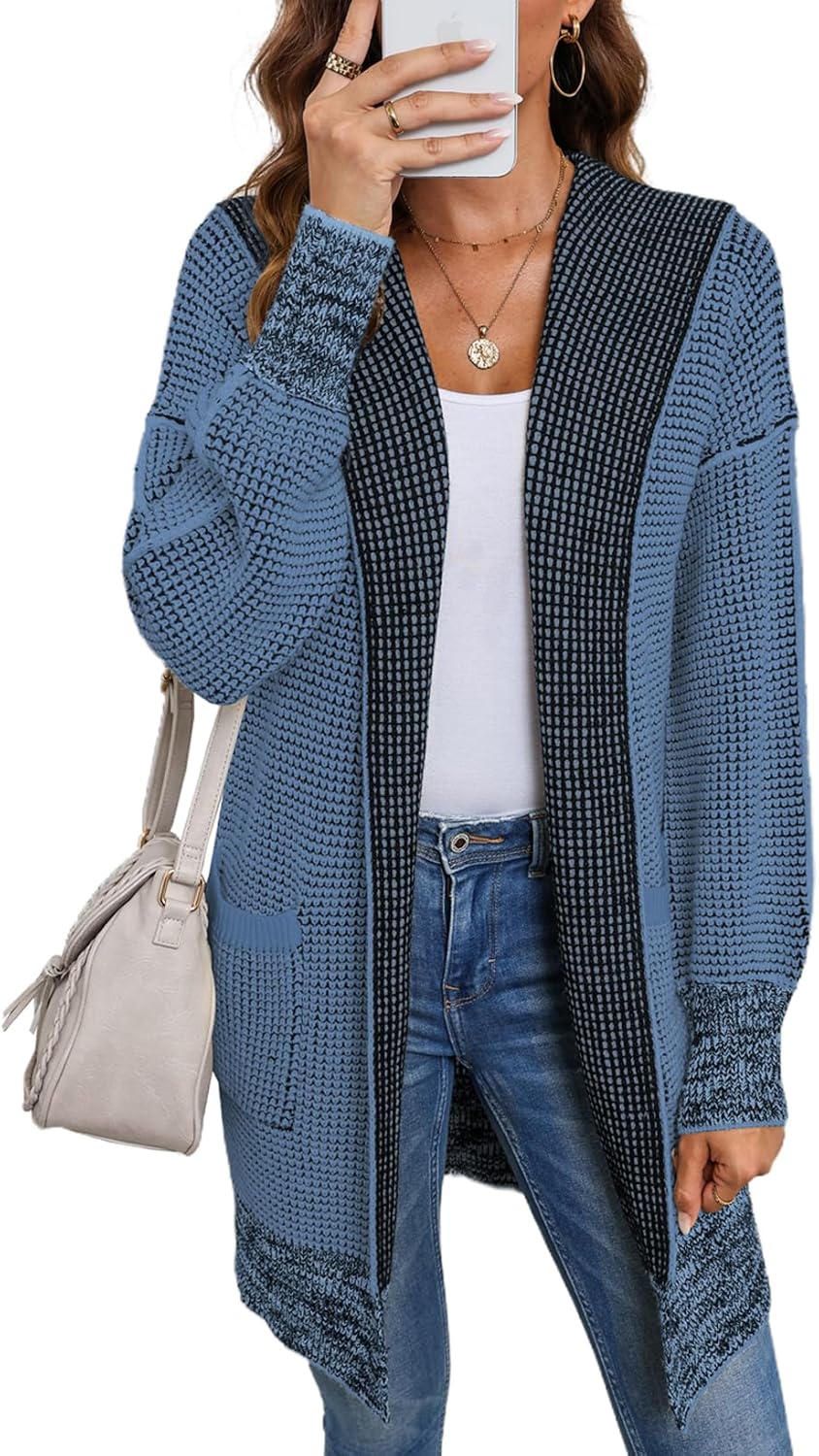 Sidefeel Women's Fall Winter Hooded Cardigan Oversized Open Front Chunky Knit Plaid Sweaters Outwear Sky Blue X-Large