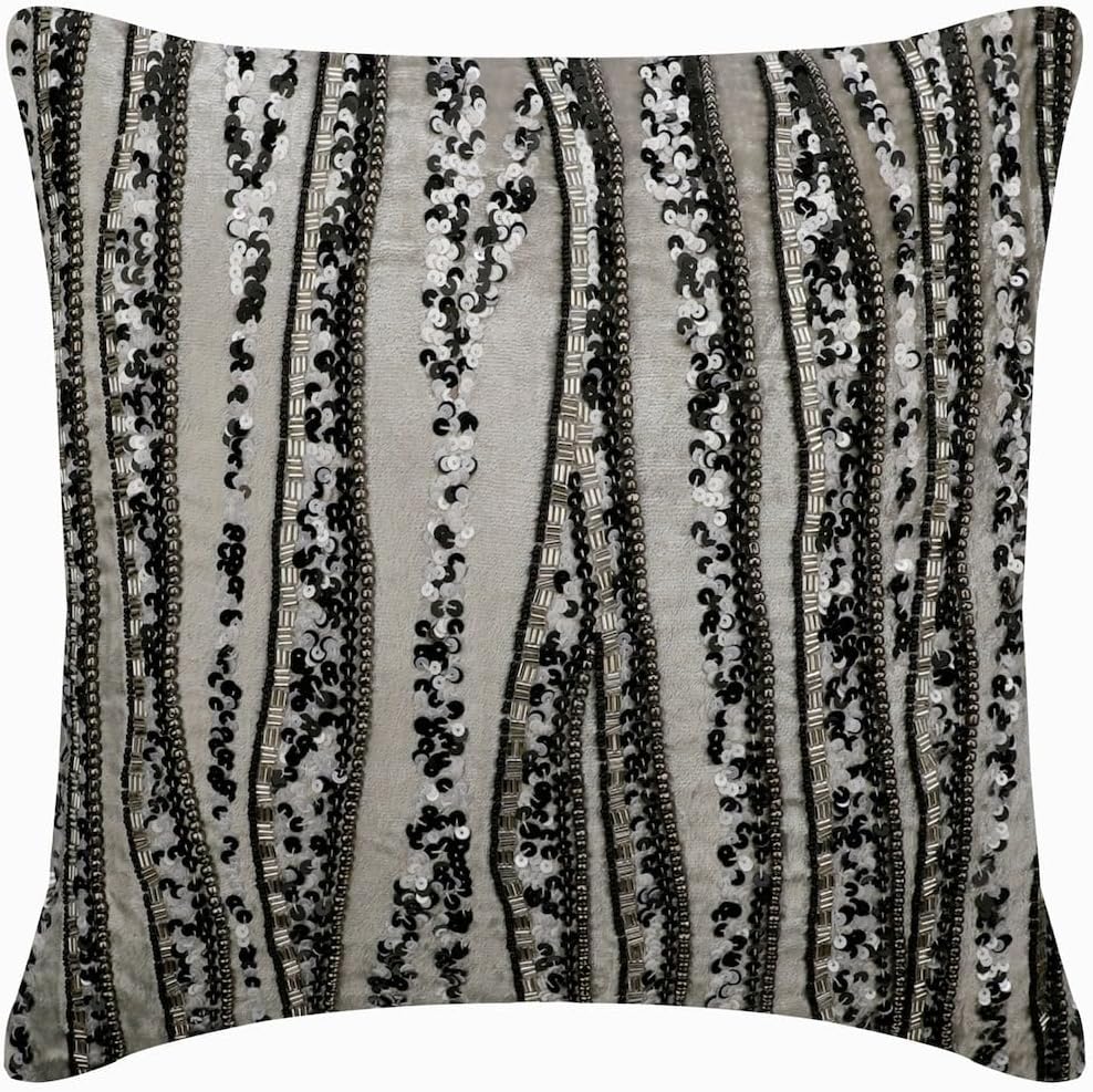 The HomeCentric Cushion Covers, Decorative Grey & Ivory 18"x18" (45x45 cm) Throw Pillow Covers, Silk Jacquard, Lace & Beaded Throw Pillows for Sofa, Geometric Pattern Contemporary - Allotrope