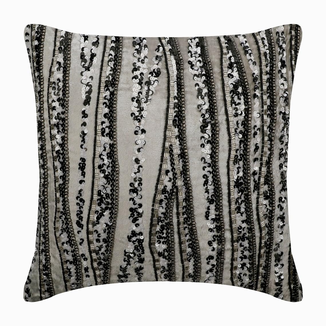 The HomeCentric Decorative Grey & Silver Pack of 2, 65x65 cm (26"x26") Cushion Covers, Velvet Beaded & Sequins Cushion Covers, Abstract Pattern Modern Style - Underground Stripe