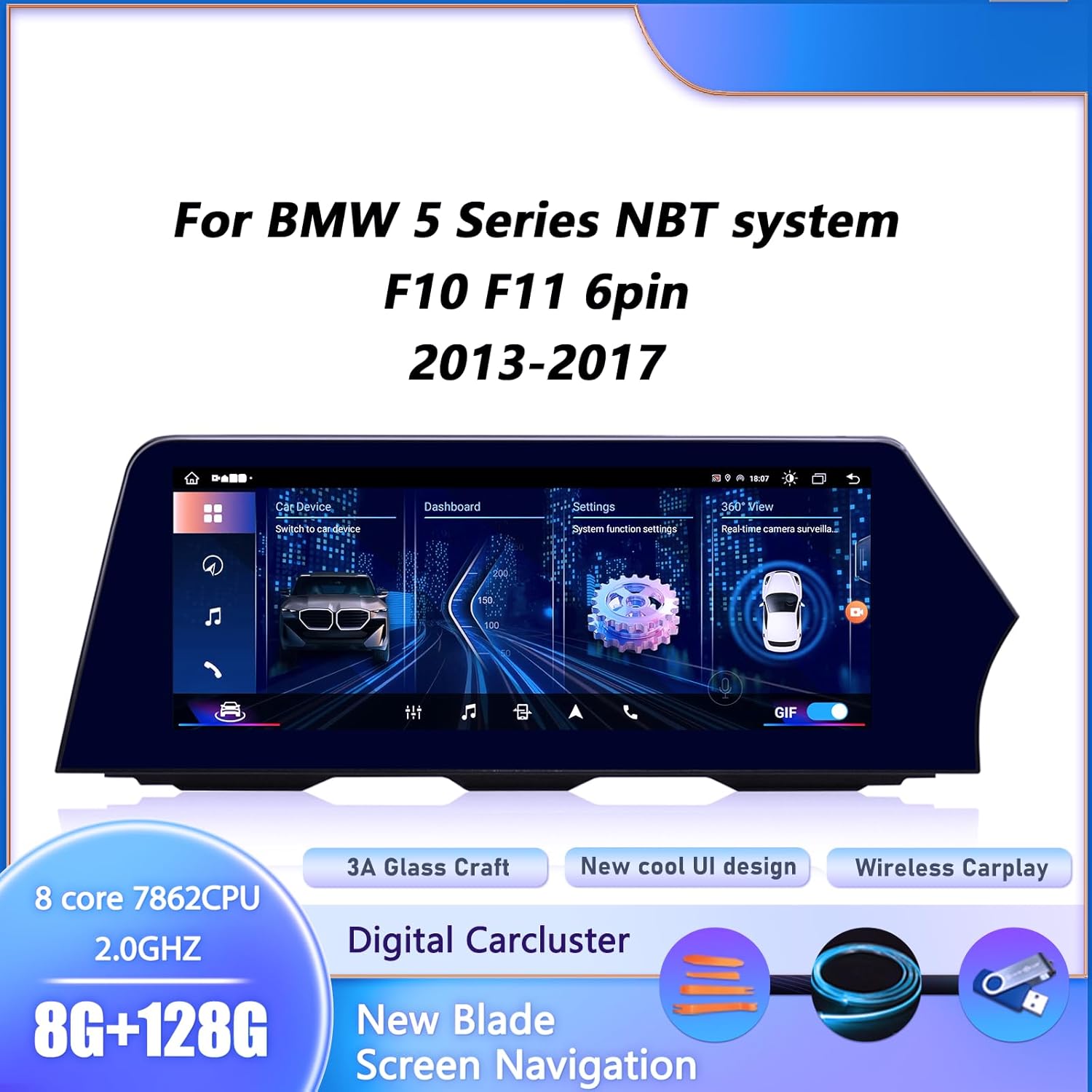 12.3-inch car Radio,Stereo, GPS Navigation Suitable for BMW 5 Series (NBT System) Right peptide 13-17, Android 13.0 Wireless Player, CarPlay Auto Bluetooth, Original System retained,（8+128G）