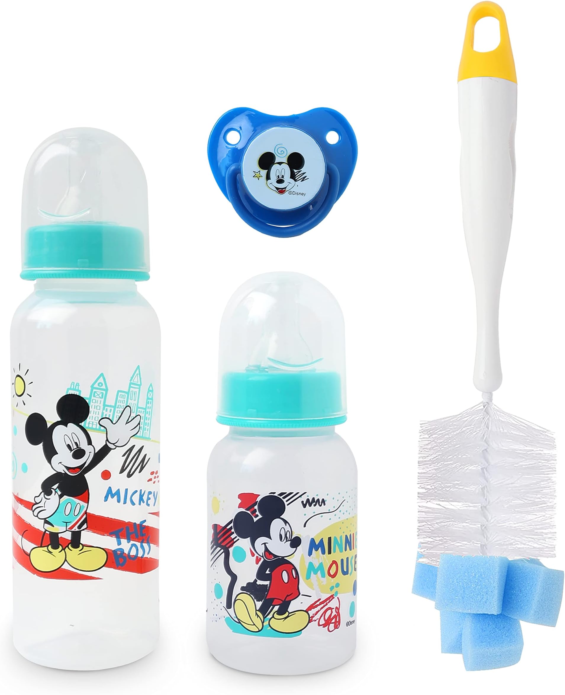 Disney Mickey Mouse Pack Of 4 Baby Feeding Gift Bundle – Silicone Pacifier, 5 Oz/150ml And 9 Oz/250 ml, Feeding Bottles, Feeding Bottle Cleaning Brush, 0+ Months (Official Disney Product)