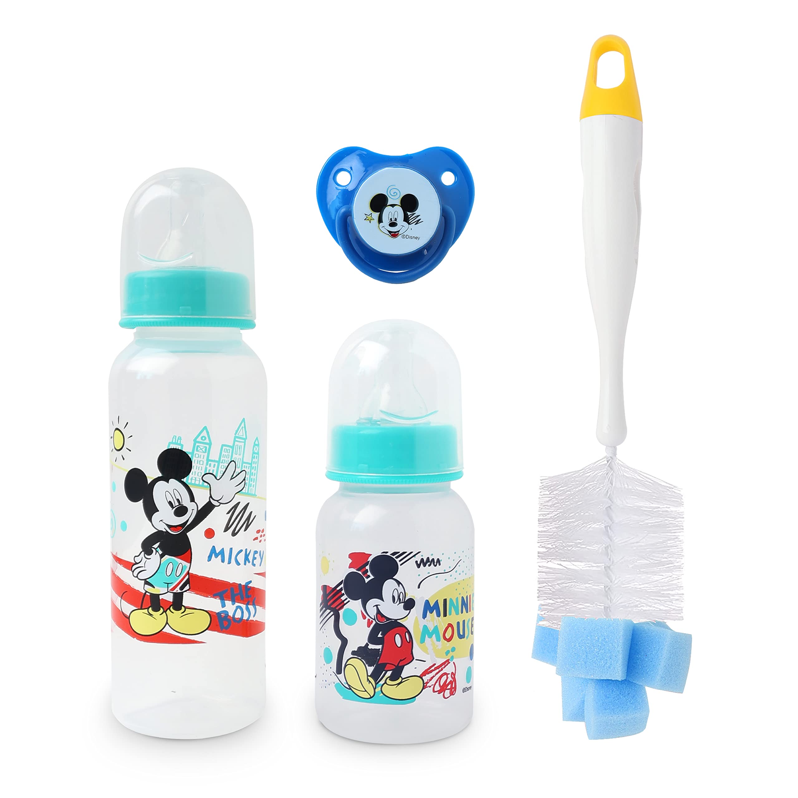 DisneyMickey Mouse PACK OF 4 Baby Feeding Gift Bundle – Silicone Pacifier, 5 oz/150ml and 9 oz/250 ml, Feeding Bottles, Feeding Bottle Cleaning Brush, 0+ Months (Official Disney Product)