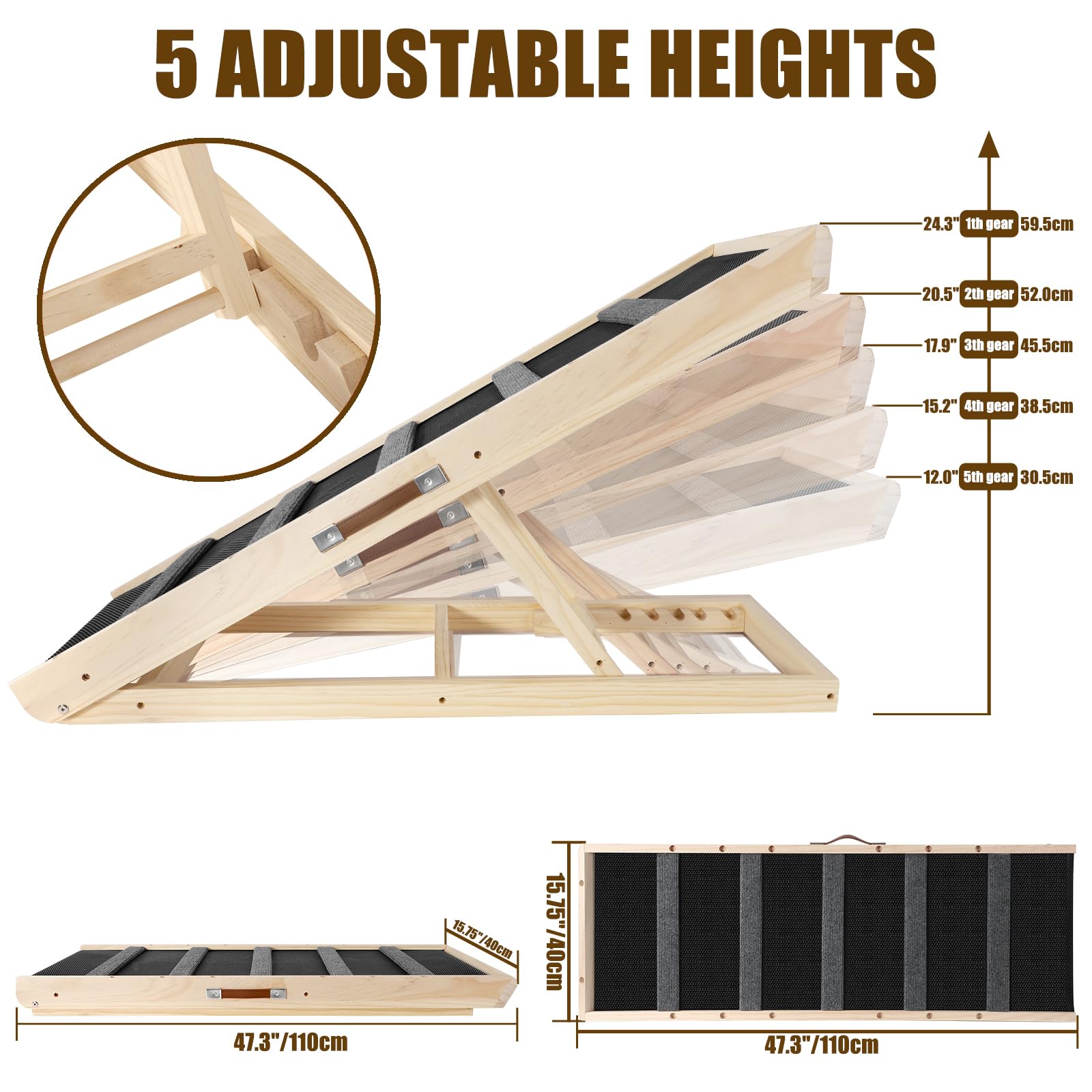 Rampa ajustable de madera para mascotas, para cama, sofá, coche, para perros pequeños y grandes, superficie de goma antideslizante, 110 cm de largo y ajustable de 30 cm a 60 cm, altura de