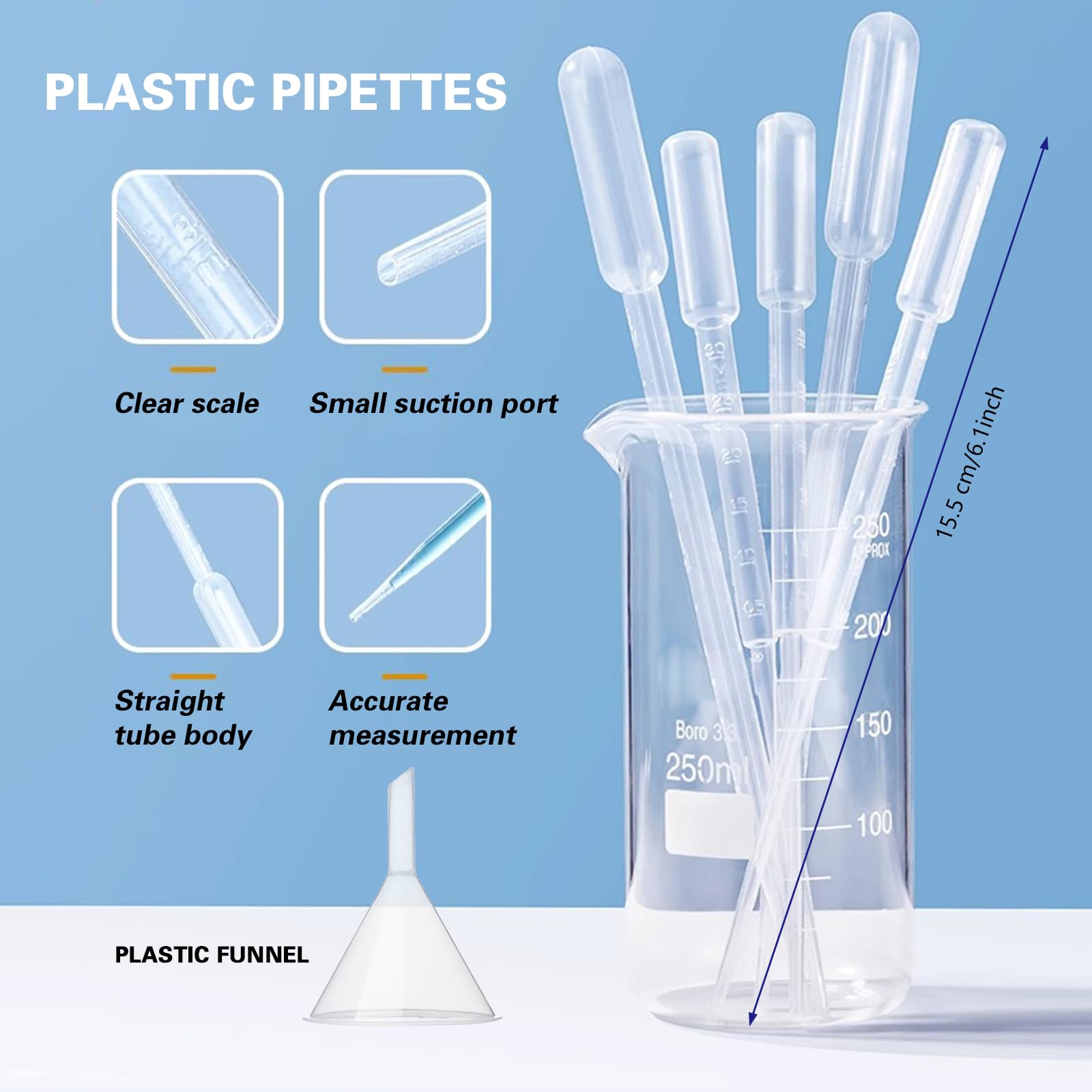 4 cilindros graduados de plástico, 10 ml, 25 ml, 50 ml, 100 ml, cilindros de medición con 4 pipetas, 1 embudo de plástico y 2 cepillos