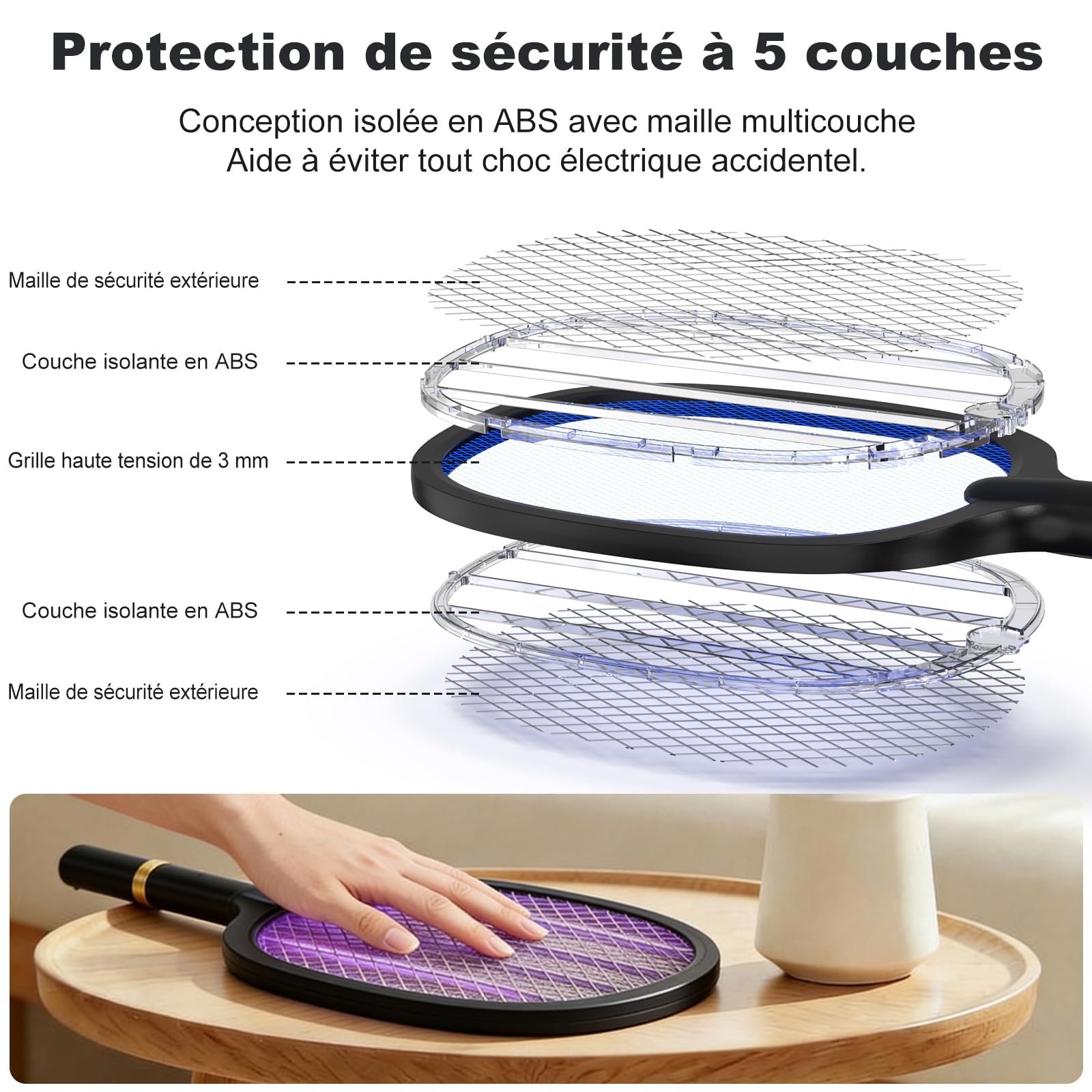 Raquette Moustique Electrique 5000V, Raquette Anti Moustique Rechargeable USB-C avec Base, Batterie 2000mAh, Tapette à Mouche Électrique 2 en 1 avec Lampe UV, Idéale pour Intérieur, （Noir, Lot de 2）