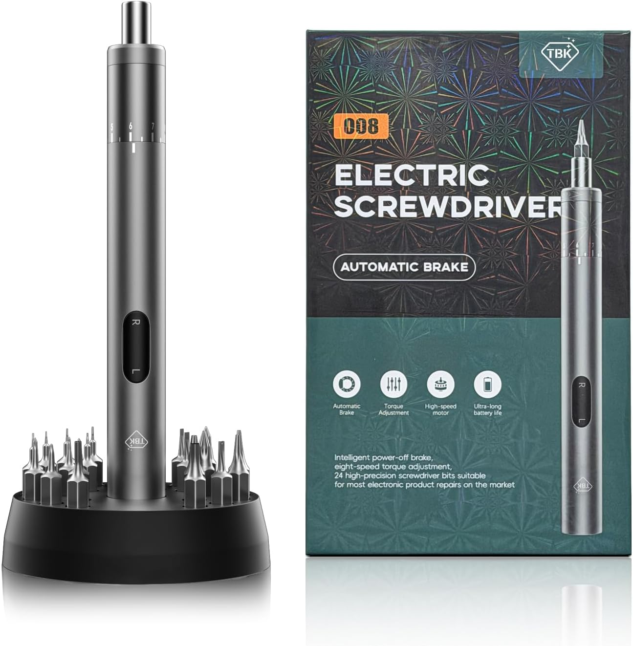 TBK008 Electric Screwdriver Cordless, 8-Level Torque, 380RPM High Speed with 24 Magnetic Bits, Left/Right Rotation, Type-C Rechargeable, Repair Tool Kit for Electronics Phone Camera Laptop Watch