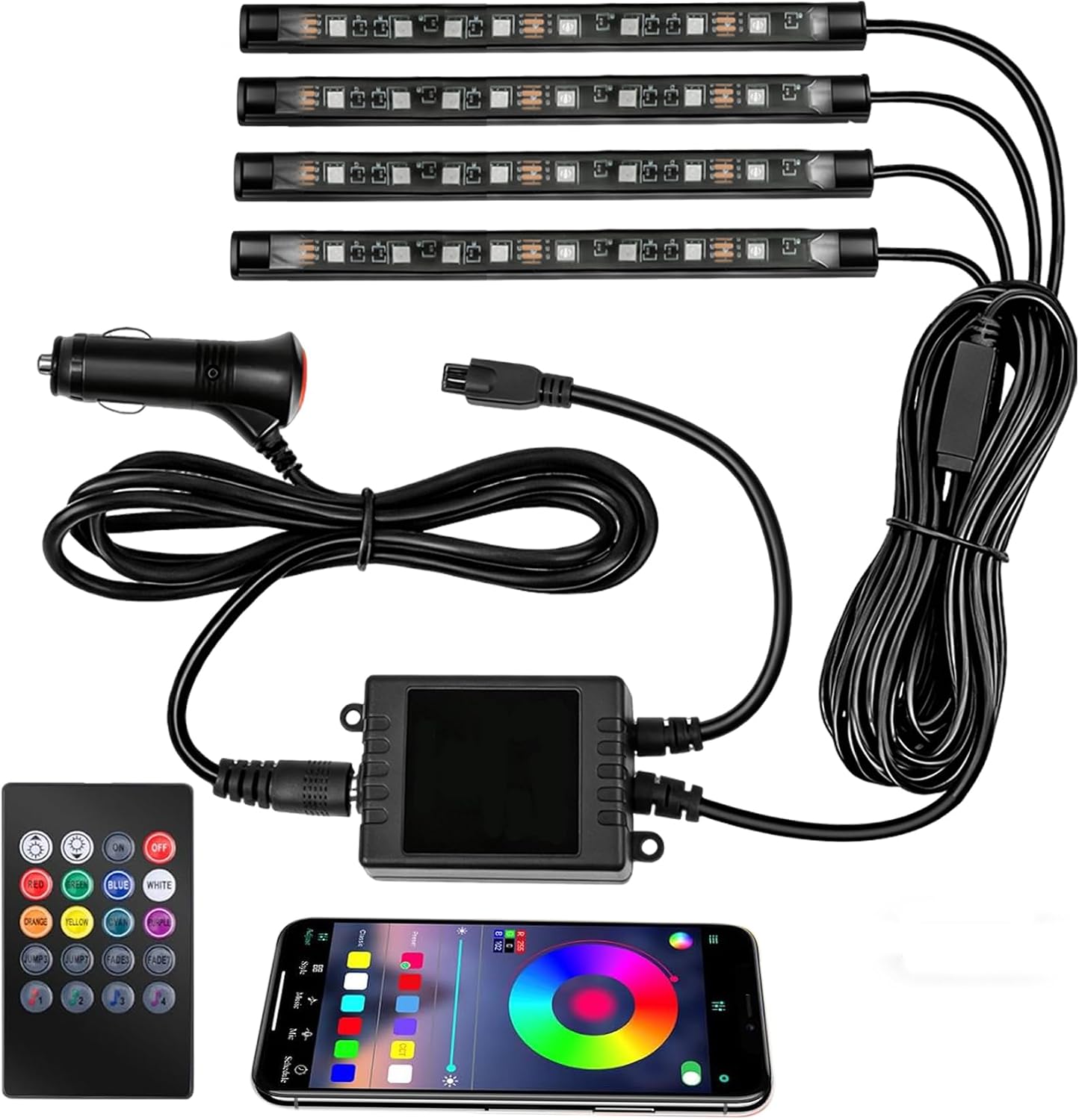 Car Interior Lights, Car Led Lights Interior, 5V 48 LED Strip Lights with USB Adapter, Auto App & Remote Control RGB Smart Music Sync Color Change Lighting for Women Men (USB, 48LED Beads)