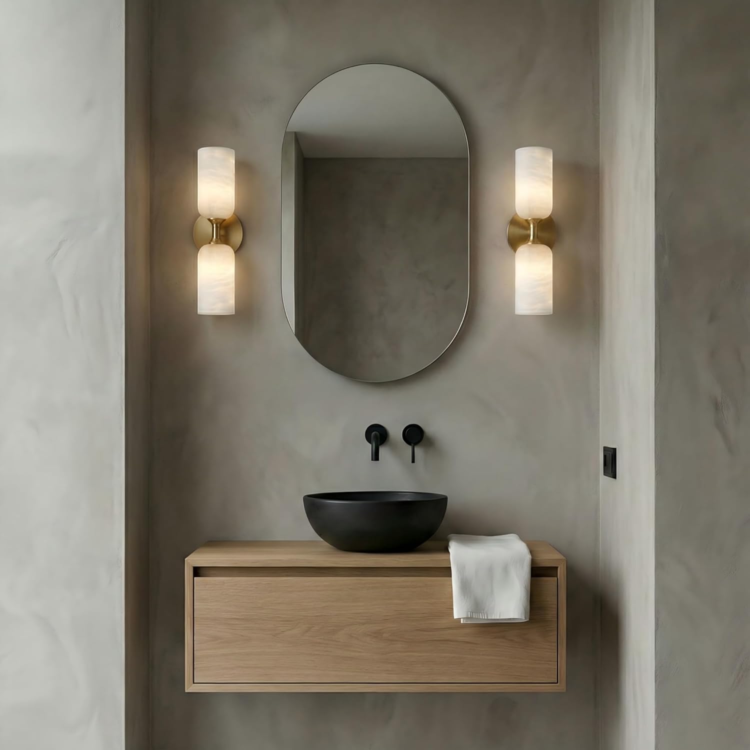 Alabaster Wall Sconces, 14" Modern Spanish Natural Marble Vanity Light, Dimmable Hardwired Brass Gold Wall Sconce Lighting for Bathroom Mirror, Bedroom, Living Room, Luxury Natural Stone Wall Fixtures