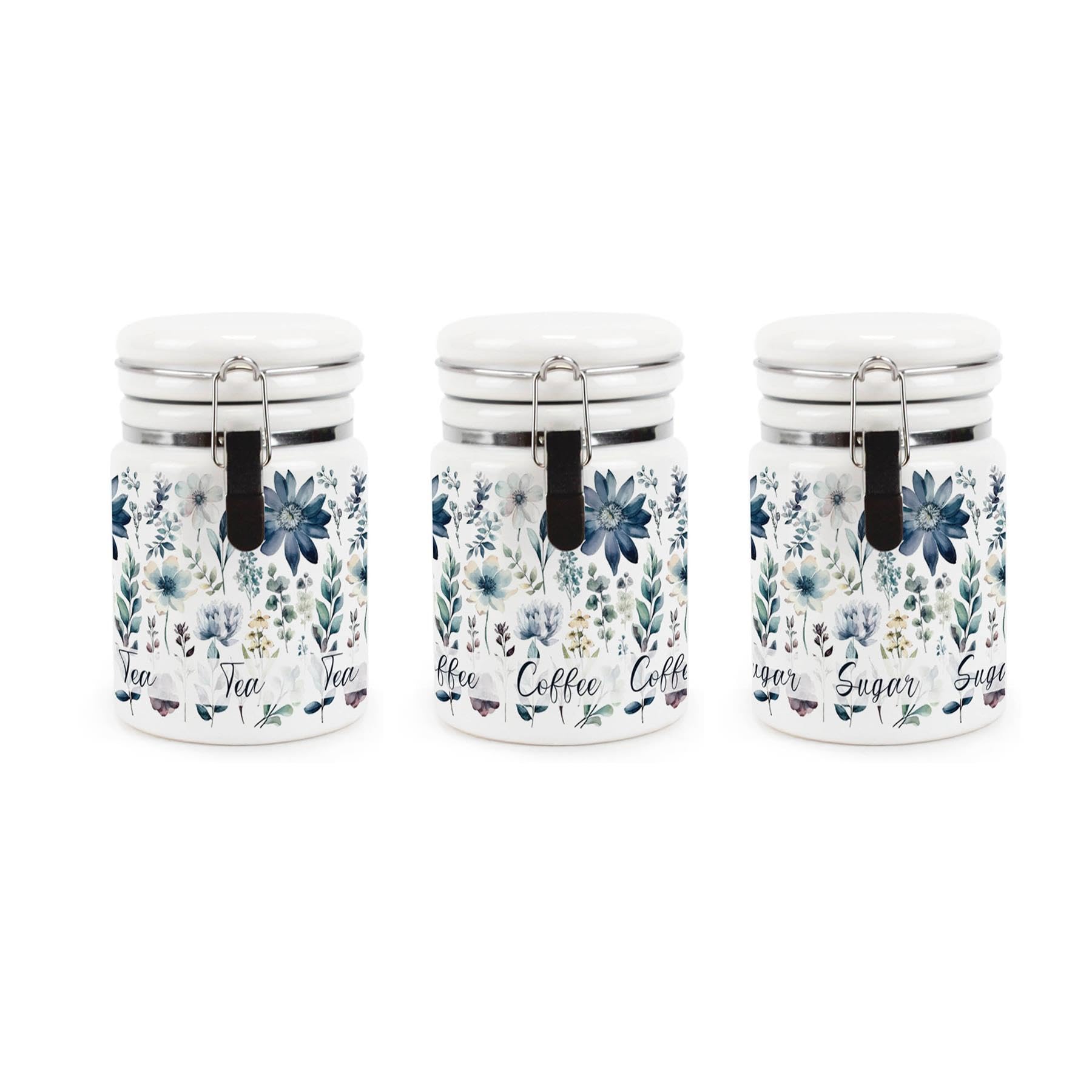 Purely Home Blue Pastel Flowers Tea Coffee Sugar Ceramic Canisters Set - Pretty Watercolour Floral Gifts - Ceramic Kitchen Food Storage Containers With Clip Lid 400Ml (13.5Cm X 8.5Cm) Set Of 3