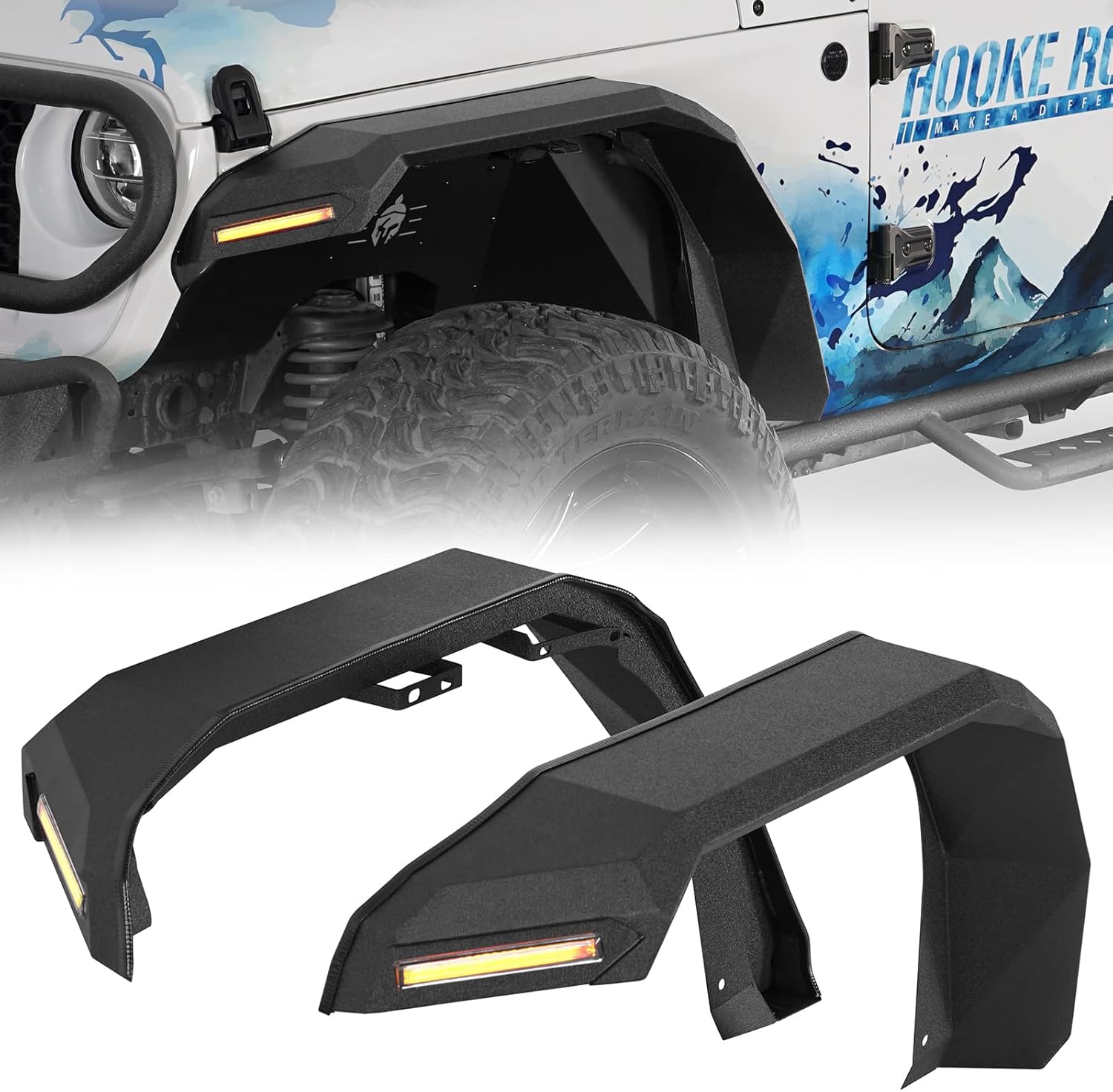 Hooke Road JL/JT Rugged Front Fender Flares for 2018-2026 Jeep Wrangler JL & Gladiator JT, 2PCS Flat Steel Fenders w/LED Turn Signal Lights