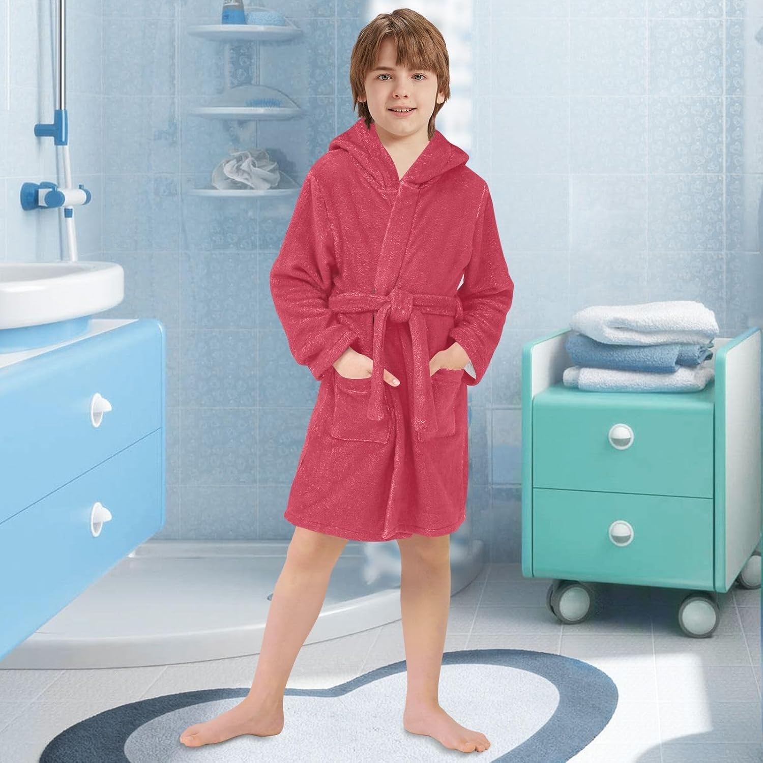 ODAWA Cardinal Red Kids Bathrobe, Soft Plush Children's Hooded Towel Robe, Beach Swimming Bath Wrap for Boys Girls