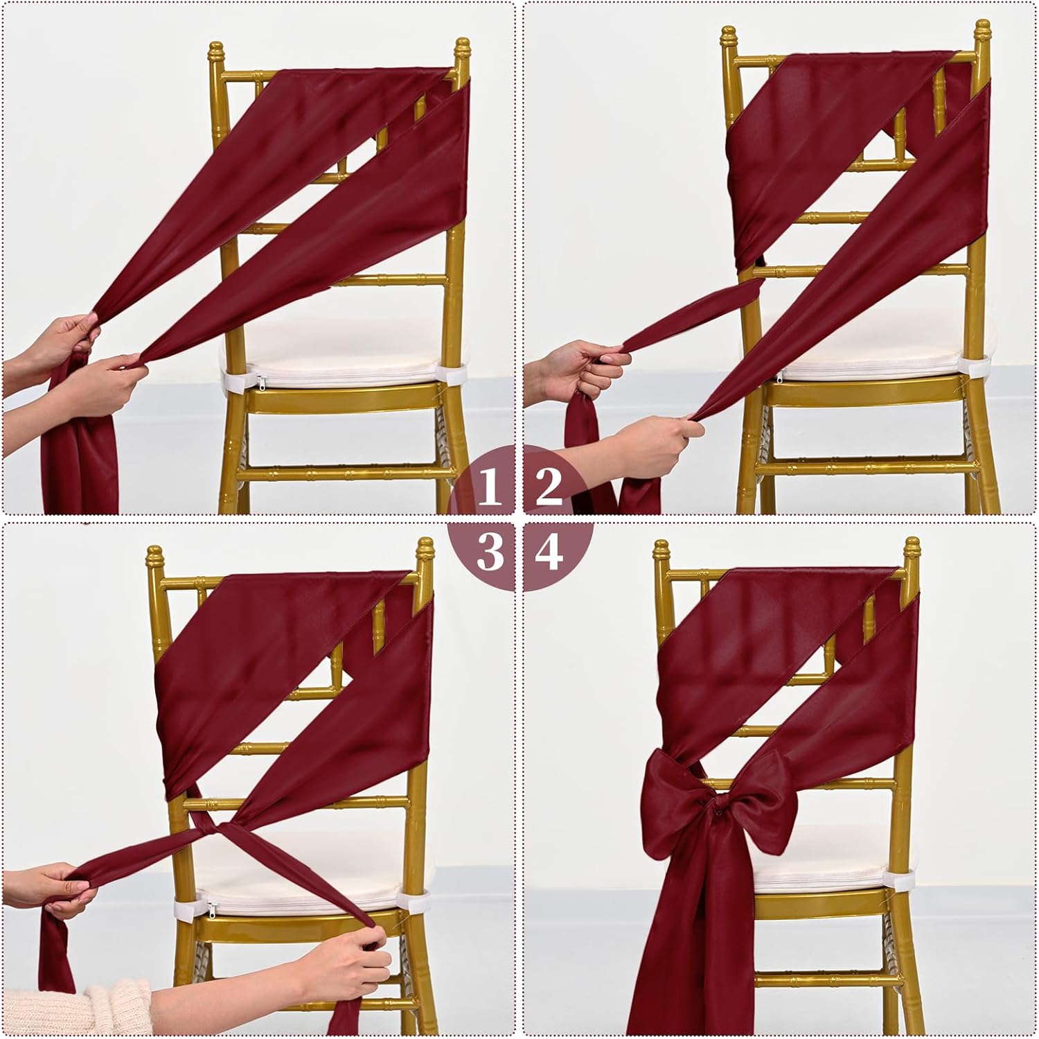 60 Pcs Burgundy Chair Sashes Satin Chair Bows Sashes for Party, Hotel, Wedding, Reception, Restaurant Event Decoration (7 x 108 inch)