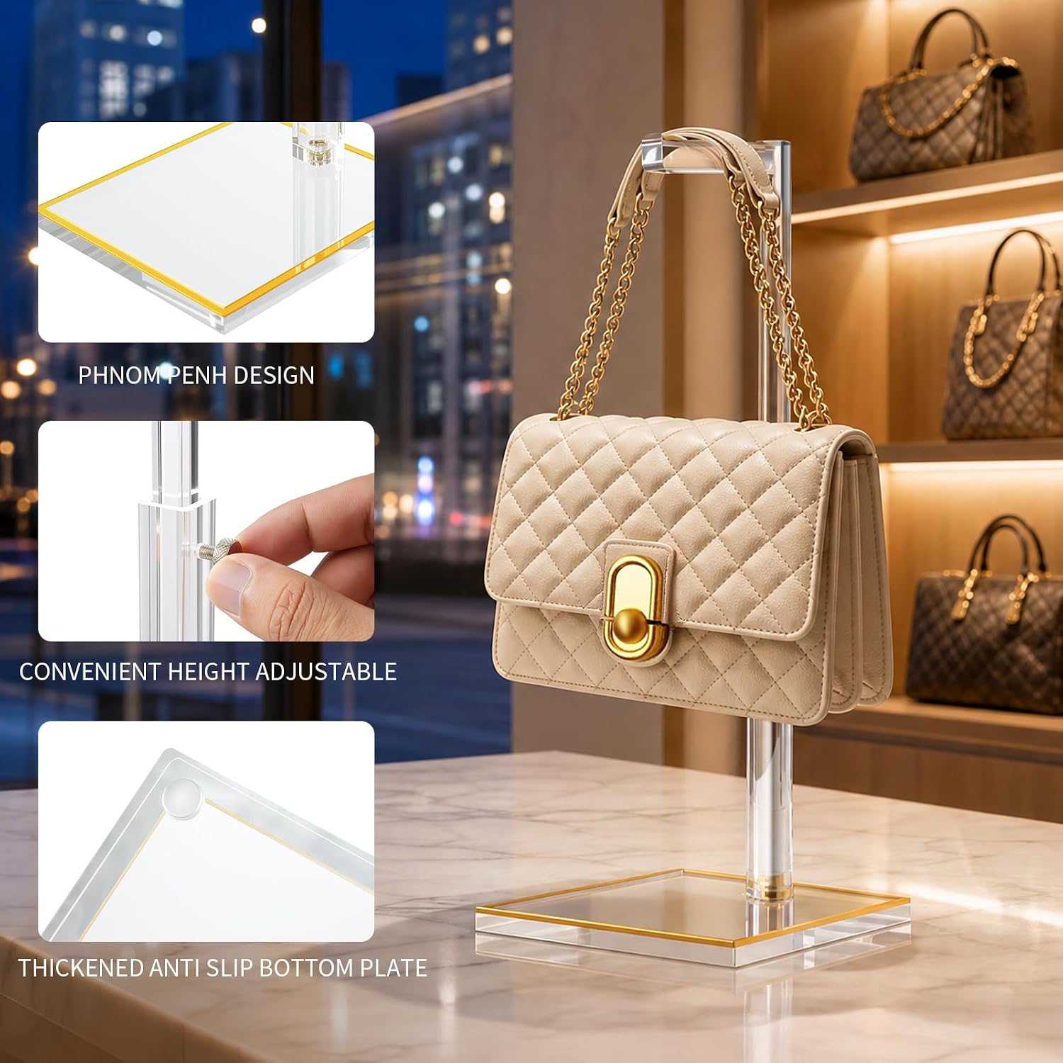 4Pcs Acrylic Purse Display Stands, 14"-24" Adjustable Height Handbag Holder with Gold Trim Base, Clear Countertop Purse Stand for Closet Retail Boutique Vendor, Durable Evening Bag Hanging Stand