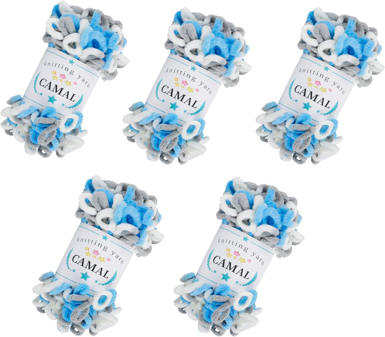 CAMAL 5 Pack Loop Yarn for Finger Knitting Soft Fluffy Finger Rainbow Yarn Chunky Chenille Plush Yarn for Crocheting Blanket, Rugs, Scarfs, DIY Handbags, Hand Crafts(Blue Gray)