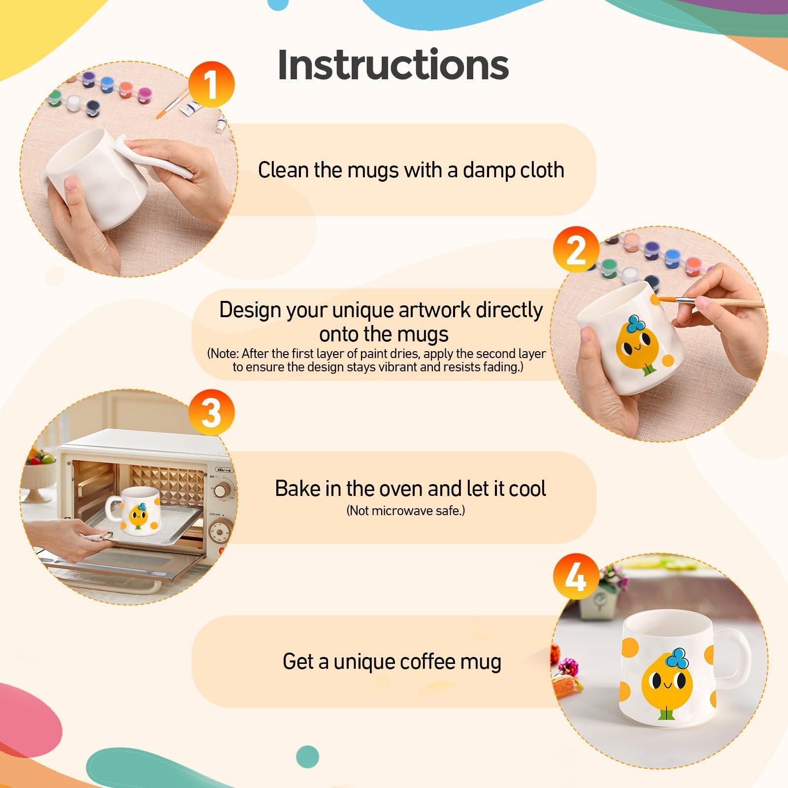 WildFun Set de tasses en céramique, kit de peinture pour adultes, comprenant des tasses, des pinceaux, des peintures vibrantes et un guide d'inspiration