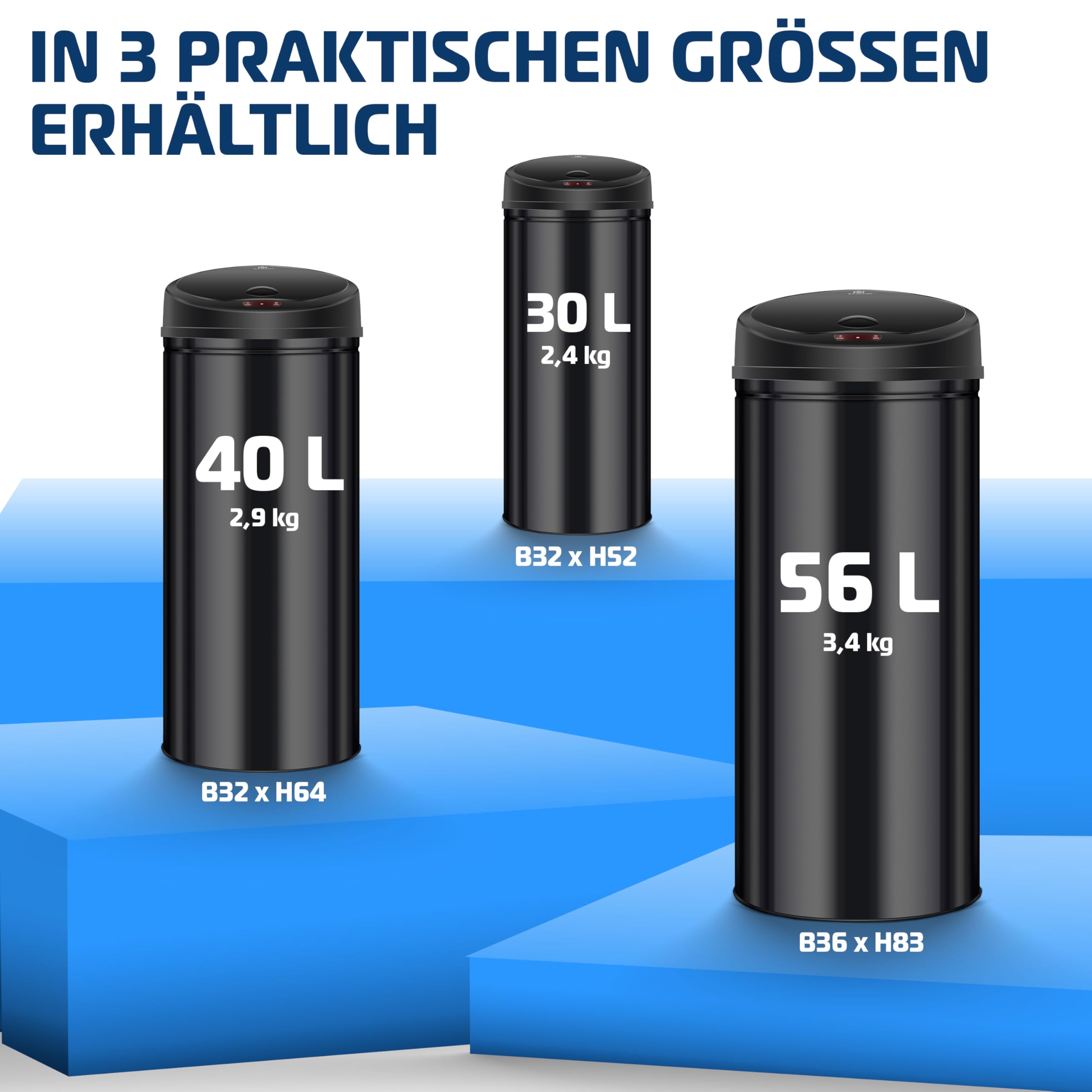KESSER Sensor Mülleimer 56 Liter Edelstahl Schwarz Automatik Abfalleimer