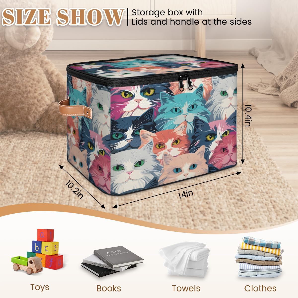 Storage Bin Set of 2 Colorful Cats Storage Basket with Zipper Lid & Handle Foldable Closet Shelf 2 Pack Cloth Organizer Basket Cube Bins Clothes Organizer for Bedroom, Nursery
