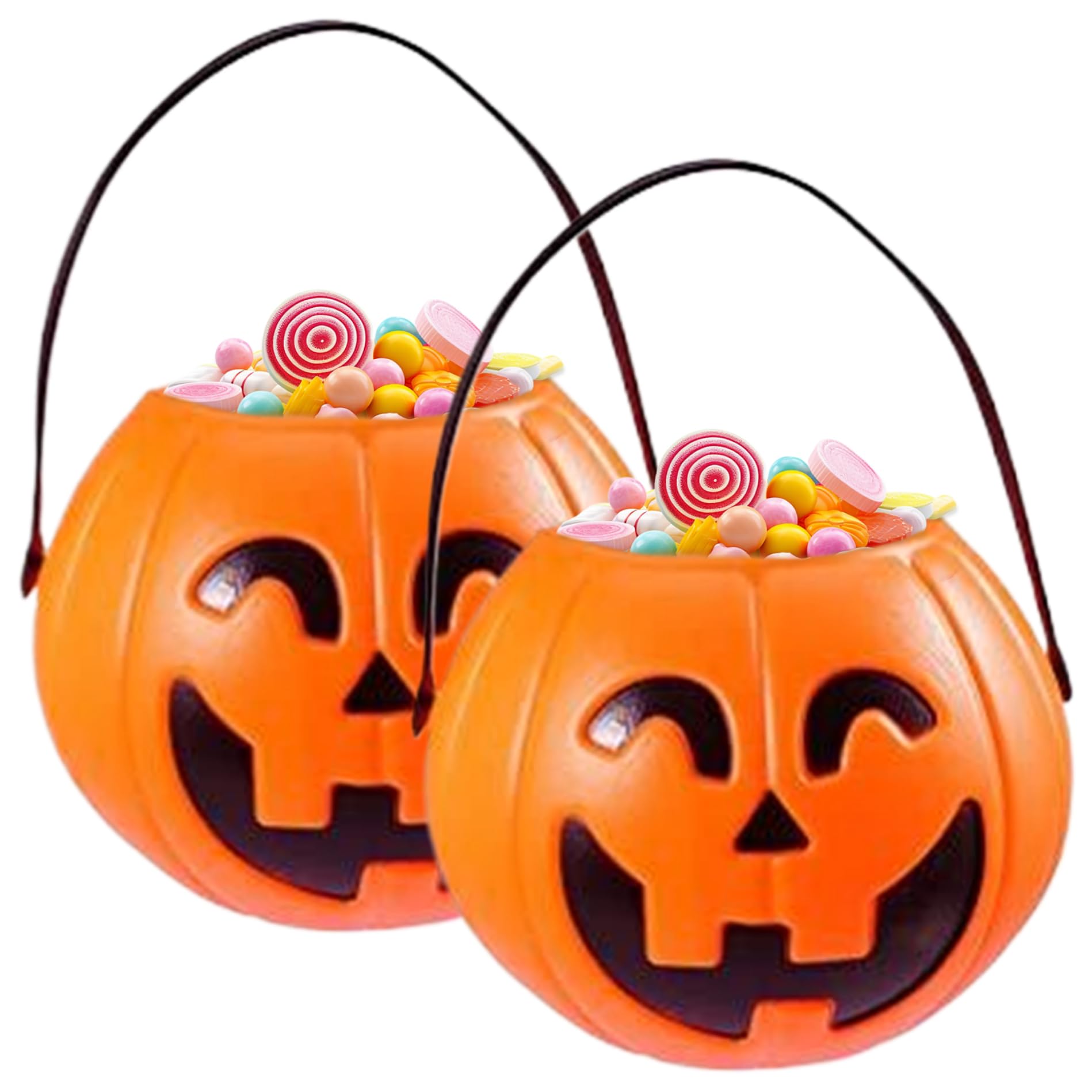 Ameble Plastic Pumpkin Bucket 2Pcs Halloween Candy Bucket with Handle 6.7x5.1 Inch Plastic Halloween Basket Pumpkin Candle Holder Trick or Treat for Party Favor