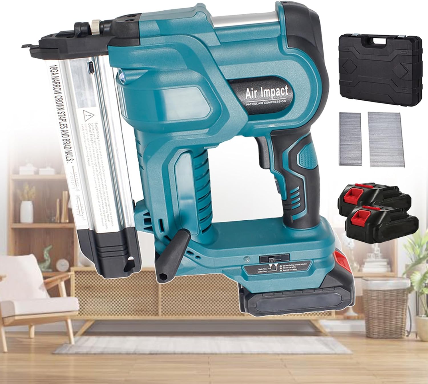 Electric Nailing Machine, Cordless Nailer Electric Stapler with 200 Pcs 32 Mm Staples & 200 Pcs 50 Mm Straight Nails, Support Single Shot/Continuous Shot, for Woodworking,Blue