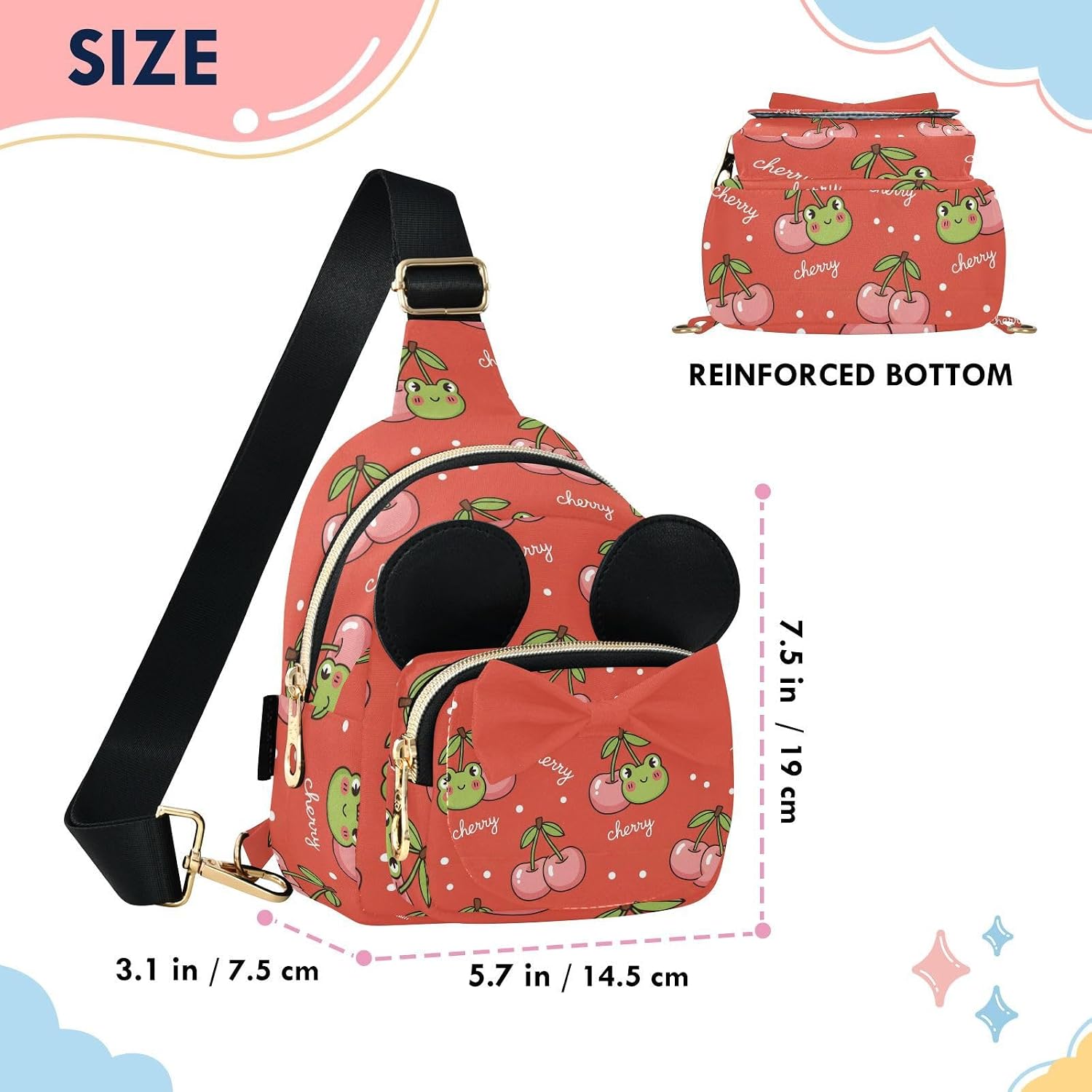 Sinestour Cherries Kids Crossbody Bags for Girls, 5.7x3.1x7.5Inches | Crossbody Fanny Pack, Toddler Purse, Cute Sling Belt Bag with Ears, 2L Small Shoulder Chest Bag for Travel