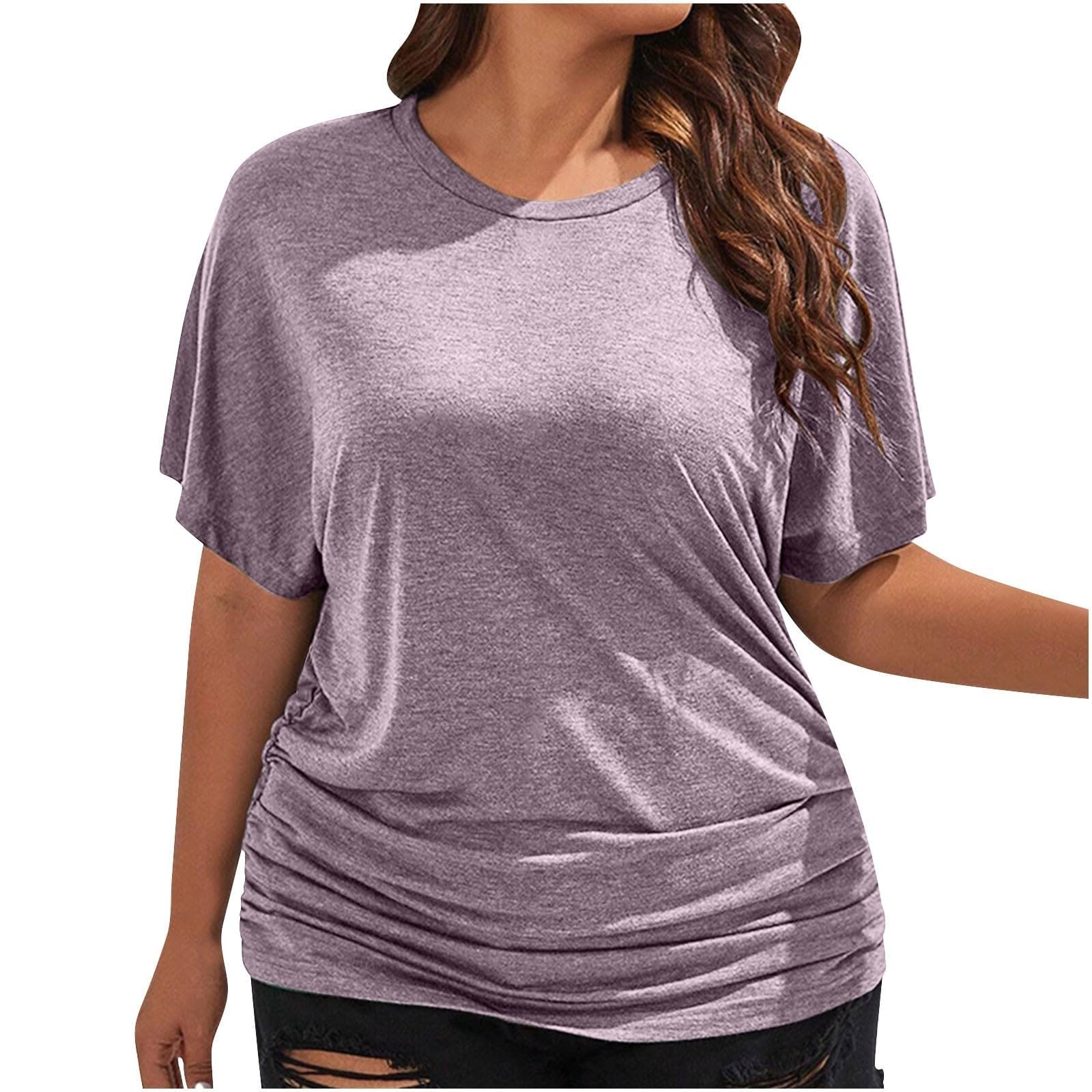 Women's Scoop Neck Half Sleeve Batwing Dolman Top Plus Size Batwing Half Sleeve Shirts Loose Blouse Solid Color Tops(Za Ash Purple,3XL)