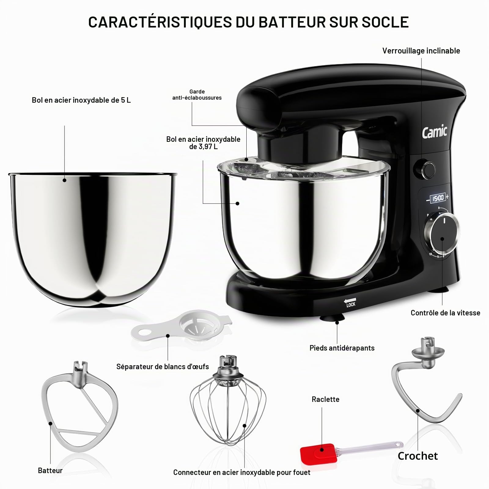 Camic Robot Pâtissier avec 3 Accessoires (Pétrissage, Mélange, Fouet), Robot Patissier avec écran LED, Minuterie, 10 Vitesses, 2 Bols en Acier Inoxydable (4 L + 5 L), pour Pâte, Pain, Pizza, Pâteaux
