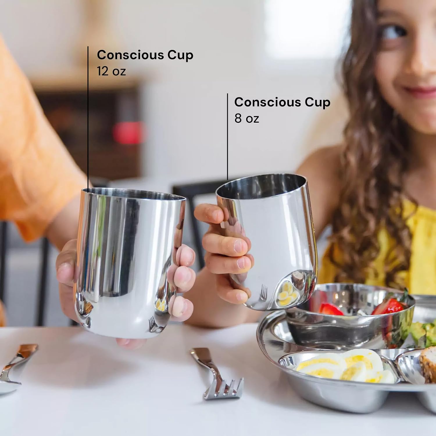 Ahimsa Stainless Steel Kids Cups, Pediatrician Designed, Premium Polished Steel Cups for Kids, 12oz, Non Toxic & Dishwasher Safe, Classic Silver, Set of 4
