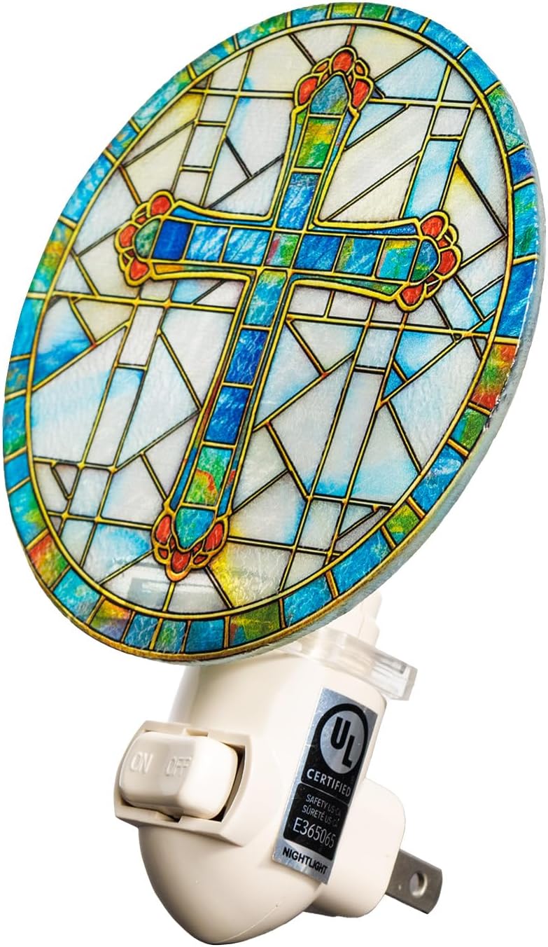 Stained Glass Styled Cross Night Light Plug in – Made with Real Glass, Bulb Included, On/Off Switch – Vintage Cathedral Cross – Christian Gift for Baptism or Memorial (Green/Blue)