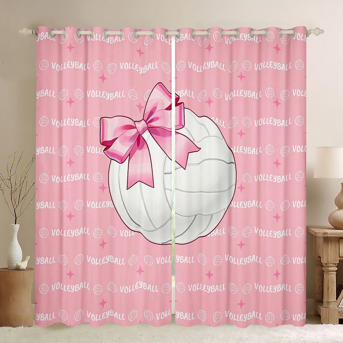 Castle Fairy Pink Bow Volleyball Blackout Curtains Cute Bowknot Ball Window Drapes,Sports Gaming Theme Window Treatments,Kids Boys Girls Room Decor,Grommet Top 2 Panel Set Curtains, 52Wx90L inch