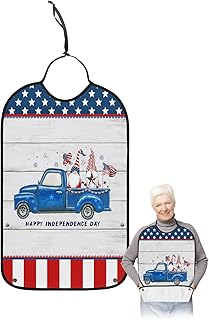 BOBOWUNY 4th of July Adult Bibs for Elder Women Men Eating, Independence Day Rustic Star Striped Gnomes Waterproof & Washable Bibs for Eating Clothing Protector Dining Bibs for Crumb Catcher