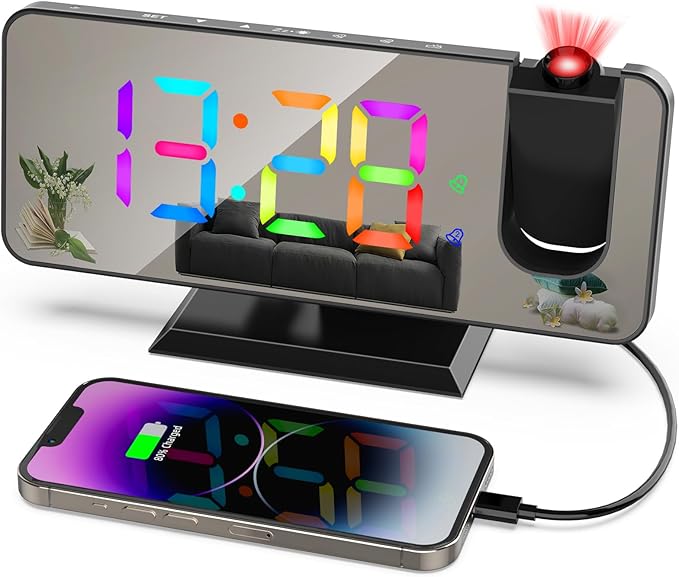 ThreeH Projektions Wecker mit 11 RGB Farben Wechselnden LED Spiegel Display Digitaluhr mit USB Ladeanschluss Snooze Funktion 6 Helligkeitsstufen einstellbar Schwarz ThreeH Projektions Wecker mit 11 RGB Farben Wechselnden LED Spiegel Display Digitaluhr mit USB Ladeanschluss Snooze Funktion 6 Helligkeitsstufen einstellbar Schwarz