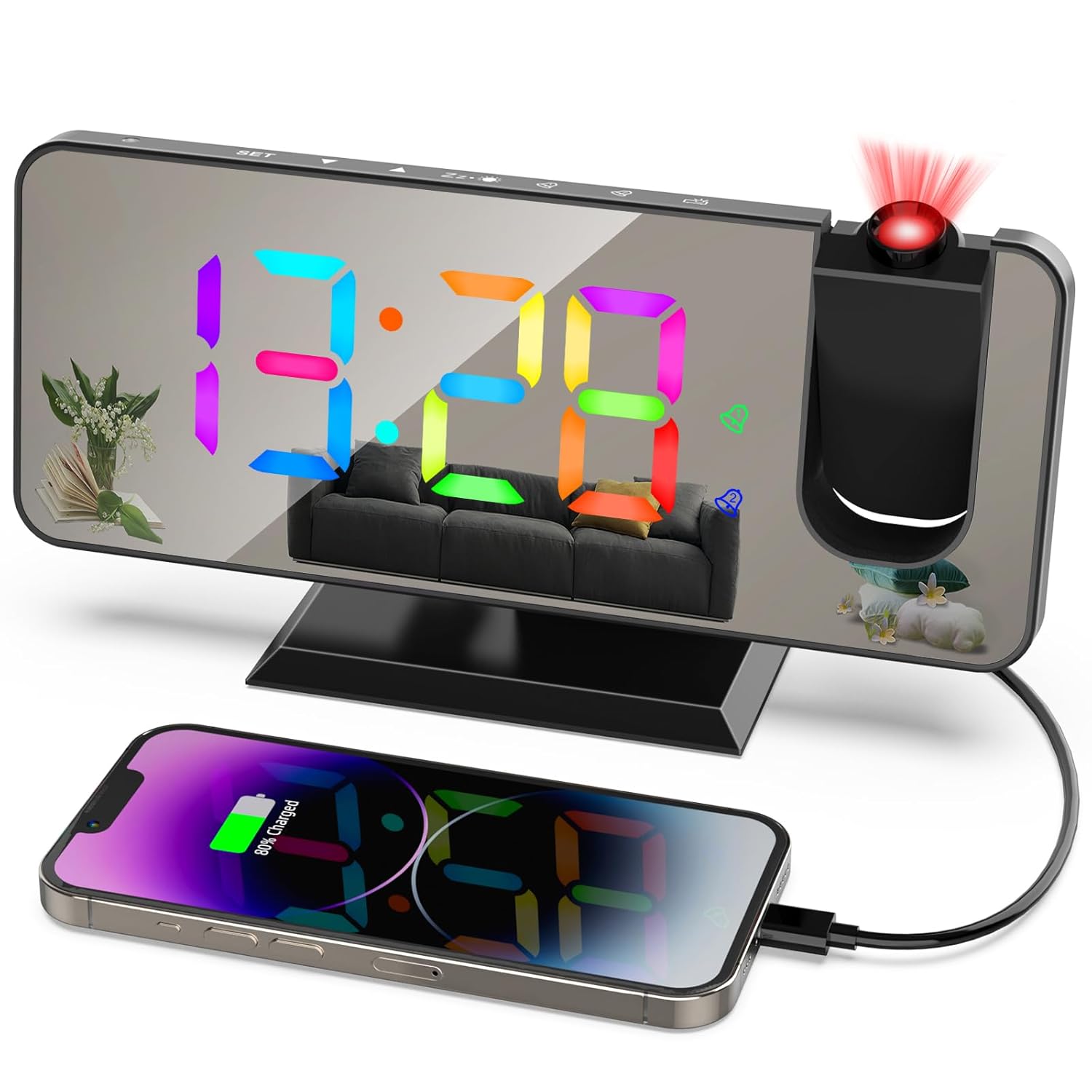 ThreeH Projector Alarm Clock with 11 RGB Colors Changing LED Mirror Display Digital Clock with USB Charger Port