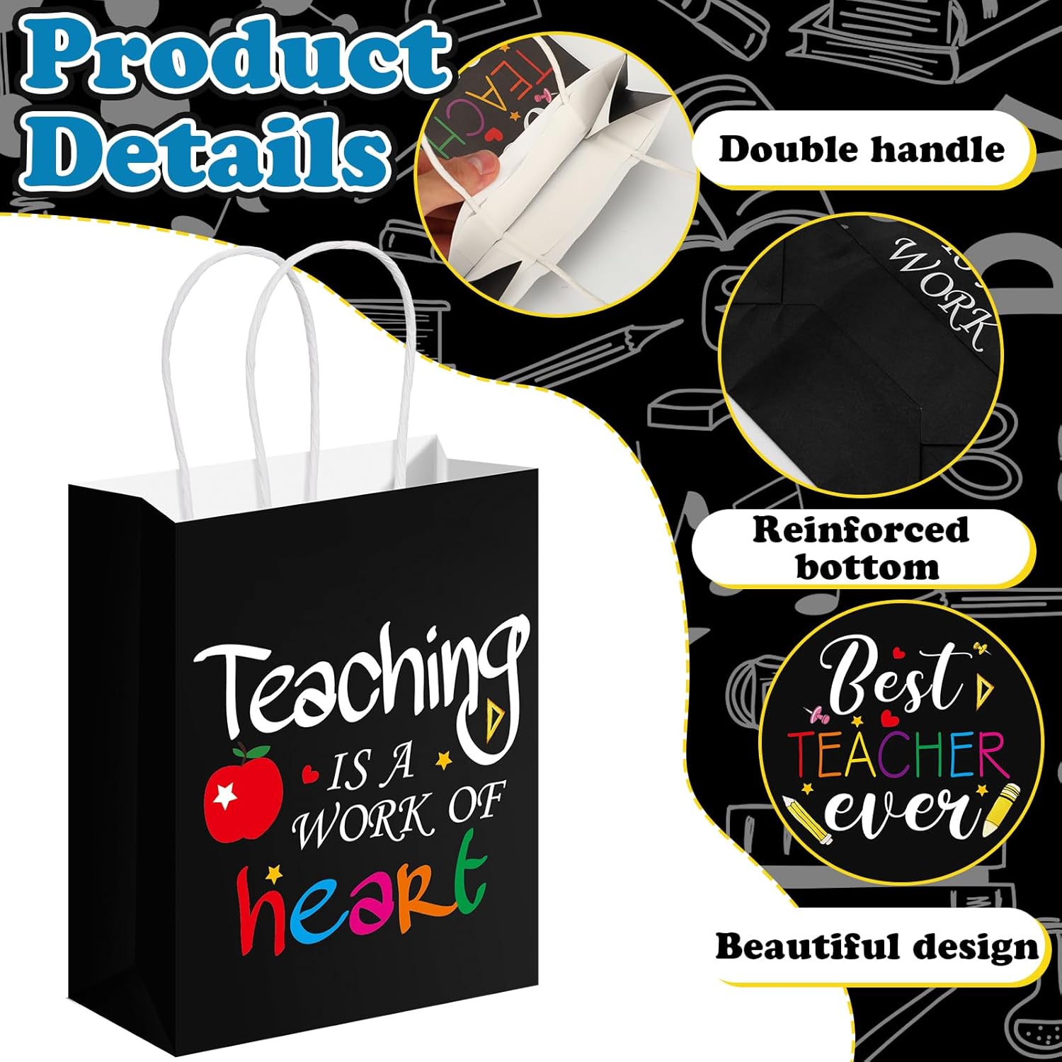Tinlade 18 Pcs Teacher Appreciation Gift Bags Best Teacher Ever Paper Bags Back to School Gifts Teaching Is a Work of Heart Wrap Pouch with Handle for Teachers' Day First End of the School Year(Black) - Image 3